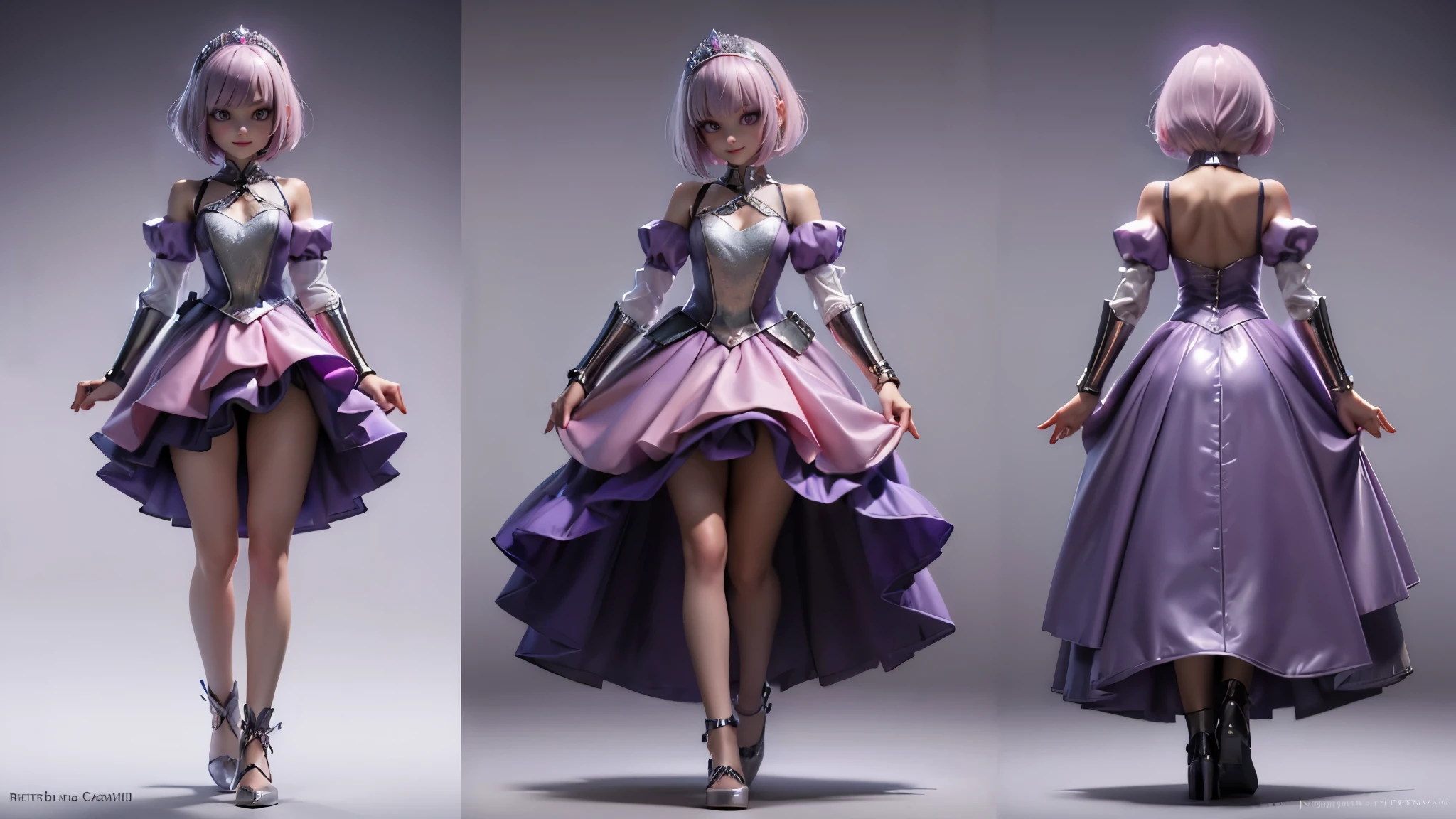 (Beautiful woman:1.1) , (light pink bob cut:1.1), 18歳, smile, silver tiara, (purple cyberpunk Princess dress:1.1), (3 View Drawings), (side view), front view, back view, Character Sheet, Full body, Simple white background, character reference sheet, Concept art,  full body adoptable