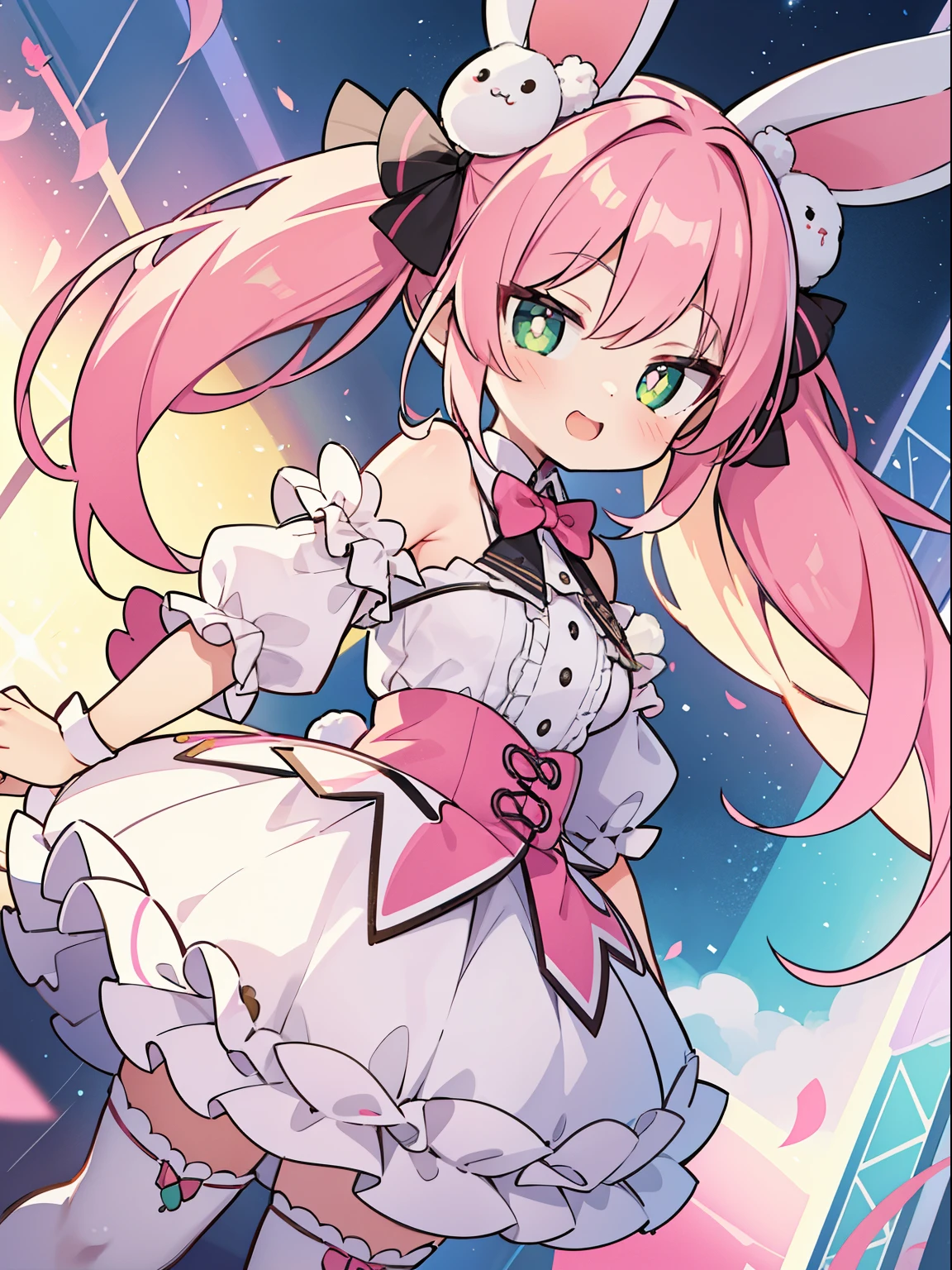 cute, pink hair, twin tails, fantasy wonderland, 1 girl, Rabbit, Green pupils,Stinking eyes, fine, whole body, looking at the viewer, dynamic angle, game CG