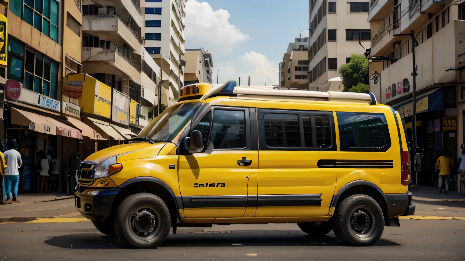 craft a hyper-realistic 8k image of a small-sized yellow shuttle bus called Molue, in a bustling busy african big city. side view. All are africans.