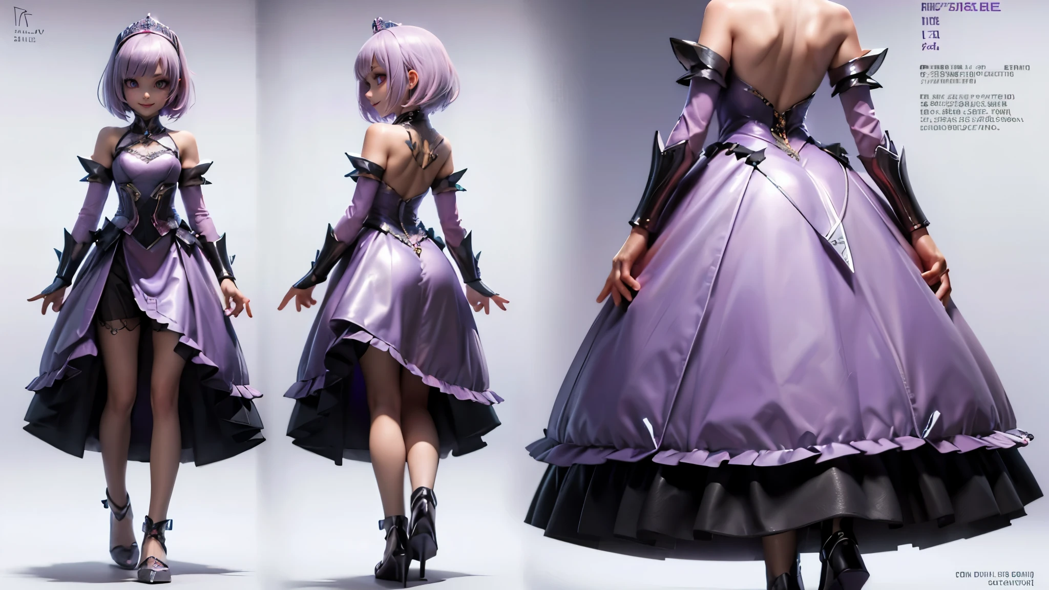 (Beautiful woman:1.1) , (light pink bob cut:1.1), 18歳, smile, silver tiara, (purple Princess dress:1.1), cyberpunk style, (4 View Drawings), (side view:1.1), front and back view, Character Sheet, Full body, (Simple white background), character reference sheet, Concept art,  full body adoptable