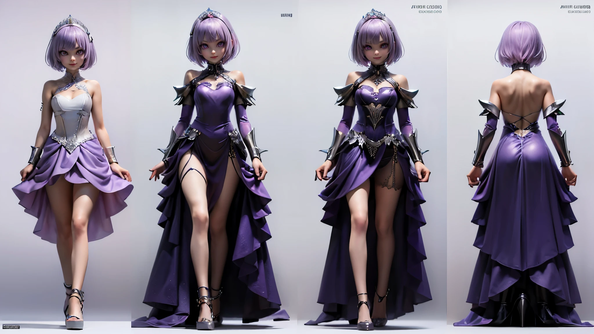 (Beautiful woman:1.1) , (light pink bob cut:1.1), 18歳, smile, silver tiara, (purple Princess dress:1.1), cyberpunk style, (4 View Drawings), (1 side fullbody view:1.1), (1 front fullbody view), (1 back fullbody view), (1 close up face view), Character Sheet, Full body, (Simple white background), character reference sheet, Concept art, full body adoptable