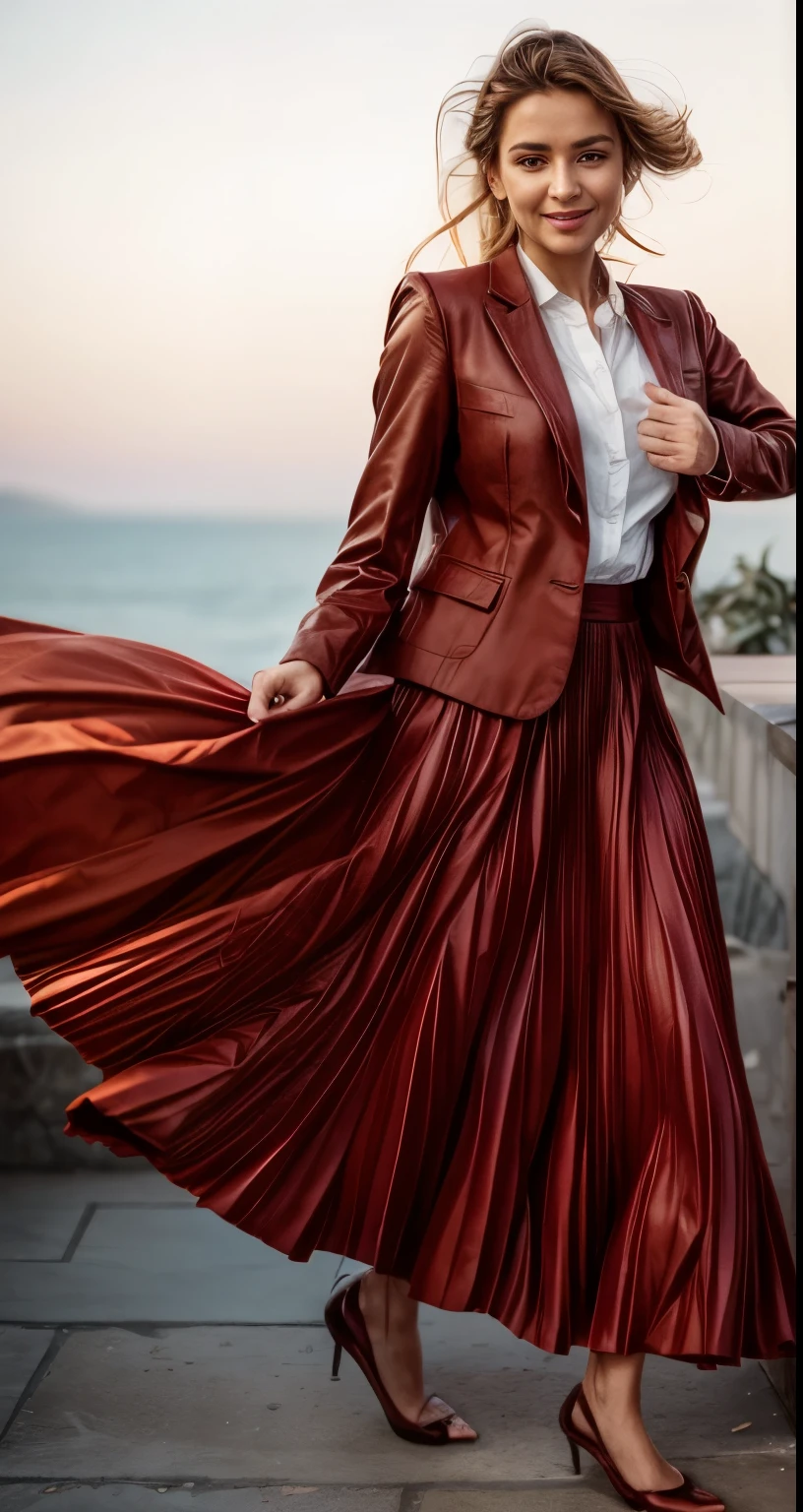 A smiling, authentic, (shy:1,3), kind, beautiful woman, in love with her skirt, while wind lifts her skirt, wearing short blazer and very very detailed (long (fully pleated) full circle skirt) and (simple) low heeled office shoes, very very intricate hyper-detailed symmetric (attractive graceful young feminine face) with (sad, tired eyes and a shy smile), large breasts, full of empathy and compassion and love, (pronounced (feminine) features), (highly detailed ultra accurate realistic) hands and fingers, (windy), epic composition, highly detailed attributes, (35mm f1.4 Kodak portra 400 photograph), extremely high quality RAW photograph, highly detailed atmosphere, sci-fi, cinematic shot, dynamic lighting, 75mm, Technicolor, Panavision, cinemascope, sharp focus, fine details, 8k, HDR, realism, realistic, key visual, film still, superb cinematic color grading, depth of field