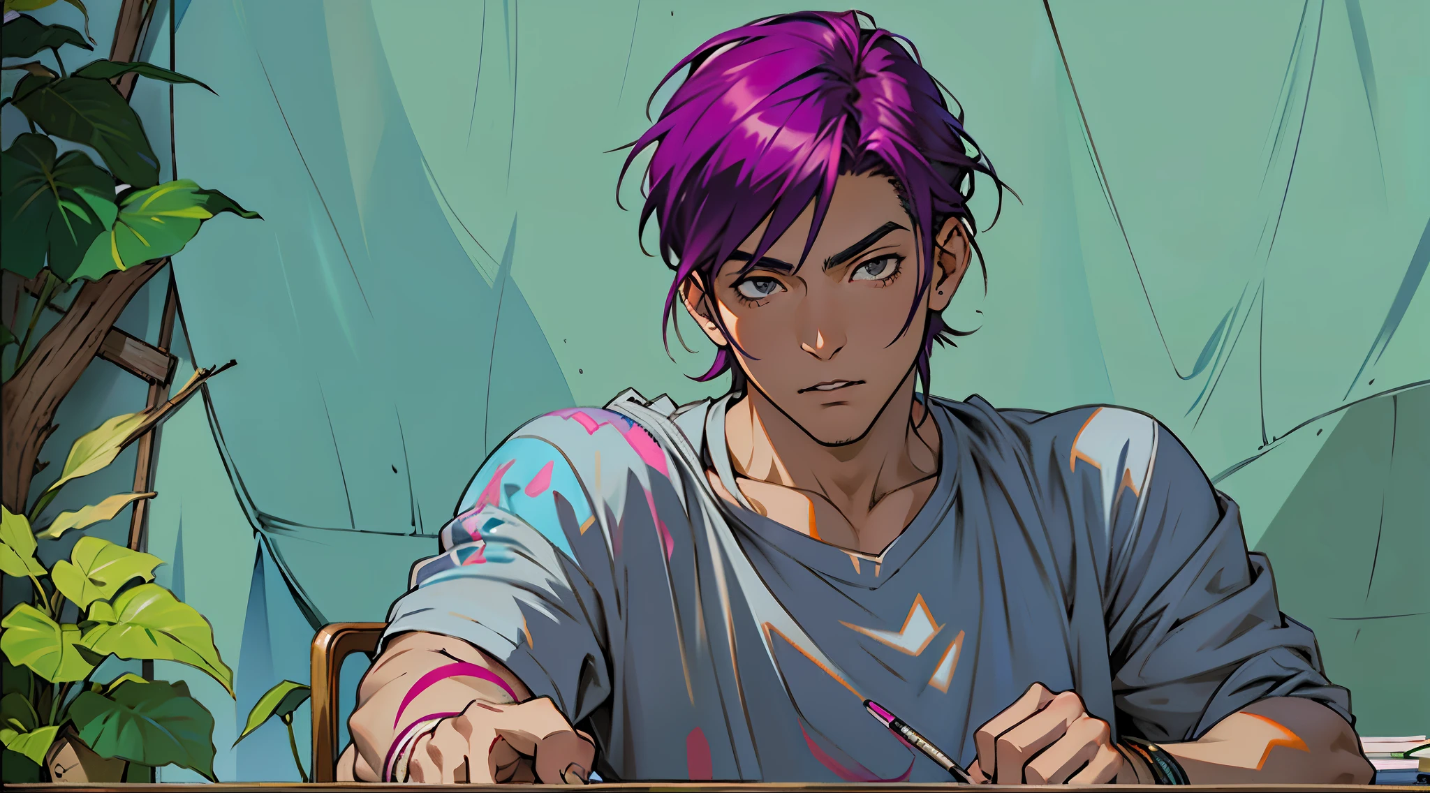 hay un hombre con cabello morado y un tenedor en la mano, realistic art style, realistic anime art style, realismo animado style, estilo anime semi-realista, estilo de arte anime realista, obra de arte al estilo de guweiz, hecho con estudio de pintor anime, en un estilo anime, realism artistic style, pintado en estudio de pintor anime, realismo animado, estilo anime 2d