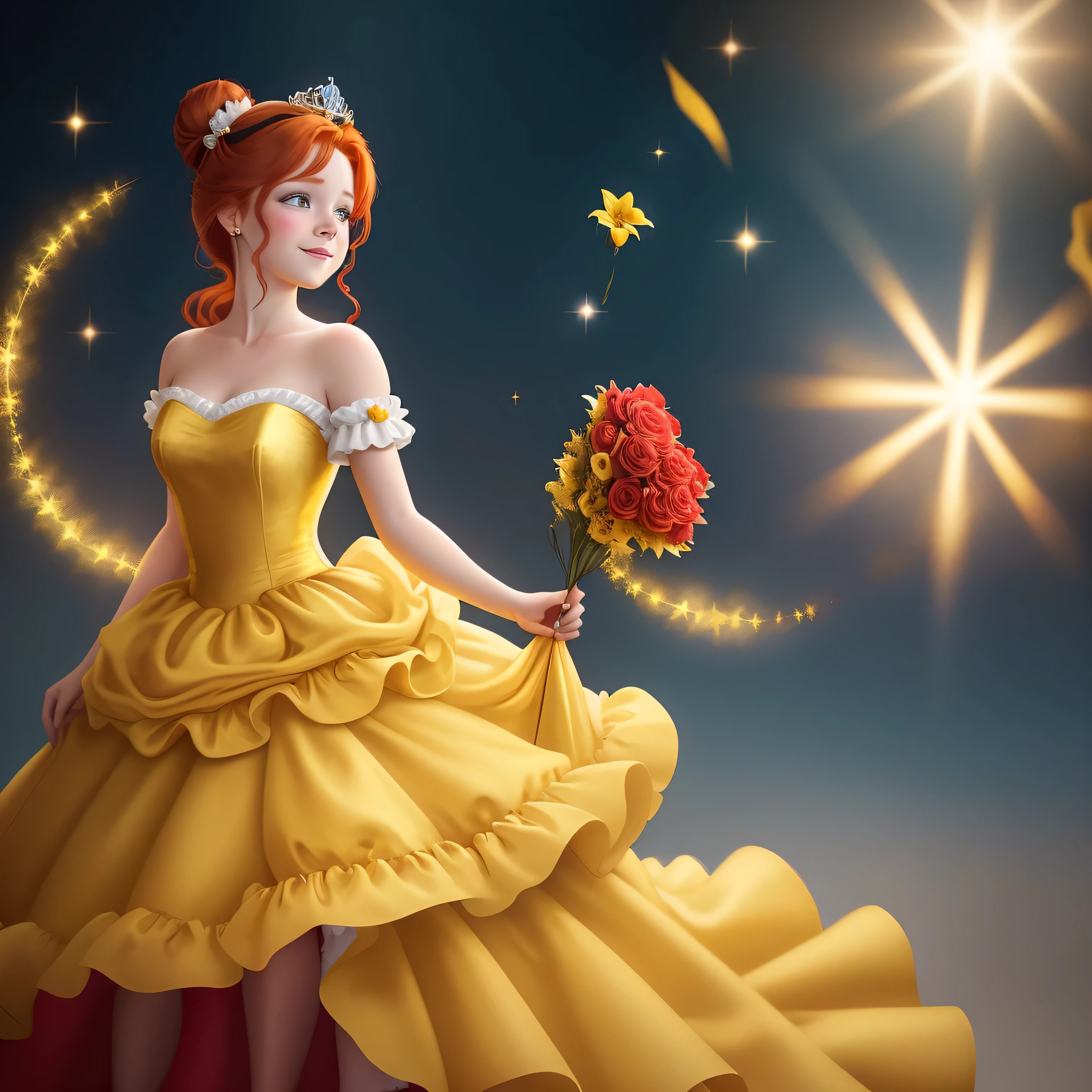 Princesa Belle no estilo Disney, red hair tied into a bun adorned with a small bow, e tiara brilhante, usando um vestido de seda amarelo, segurando flores, corpo todo, olha para cima, posicionado perfeitamente centralizado contra um fundo azul claro sem adornos, sorriso de olhos abertos, cinematic lighting, arte digital, Muito limpo