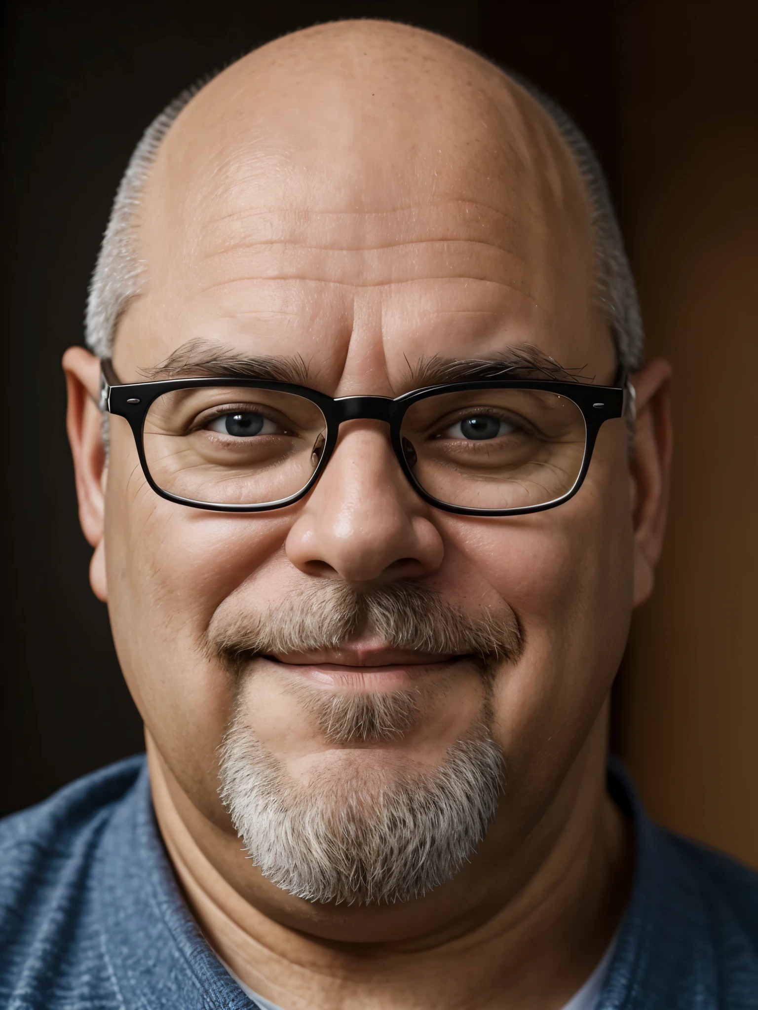 A 4k photo of a middle age slightly overweight bald guy, he is looking directly ahead straight into the camera,
his eyebrows are scrunched and his eyes are slightly squinting in pure intrigue as if he can't figure out
if what he's looking at is actually real, he has a slight smile and sheepish grin, he is wearing reading
glasses that are sitting low on his nose, his shoulders are visible and incorporates his whole head within the
frame, the background is black, he looks completely real
