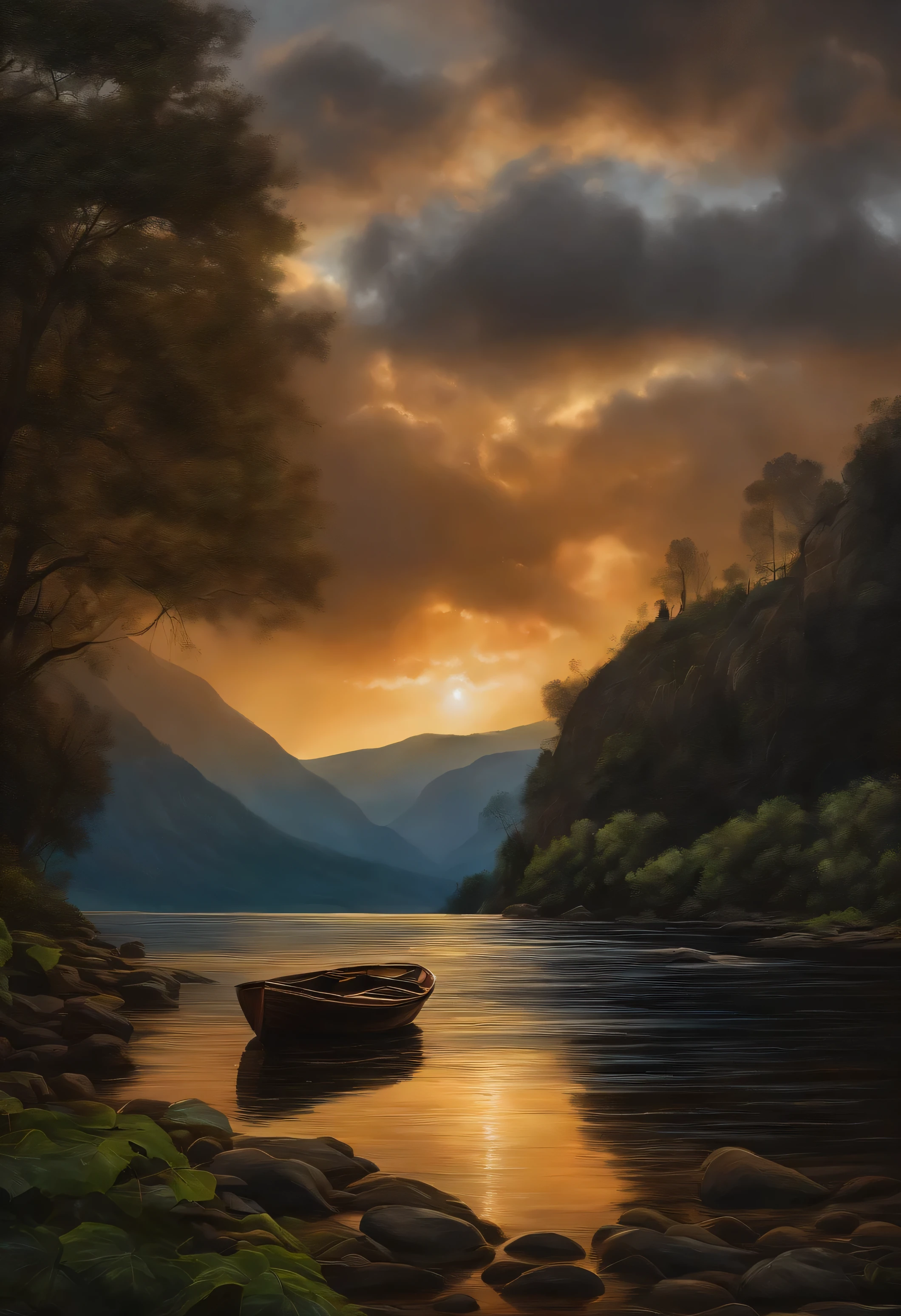 imagem real((oil paints ))pintura de paisagem,acrylic painting,Pinceladas,With unparalleled realism,ultrawide,Ominous skies,Veleiros,barcos de madeira,lotuses,ondas enormes,noite estrelada,Harry Potter,volumetric lighting,clareira,realista,James Gurney,art stations,((Oil Painting Paint))