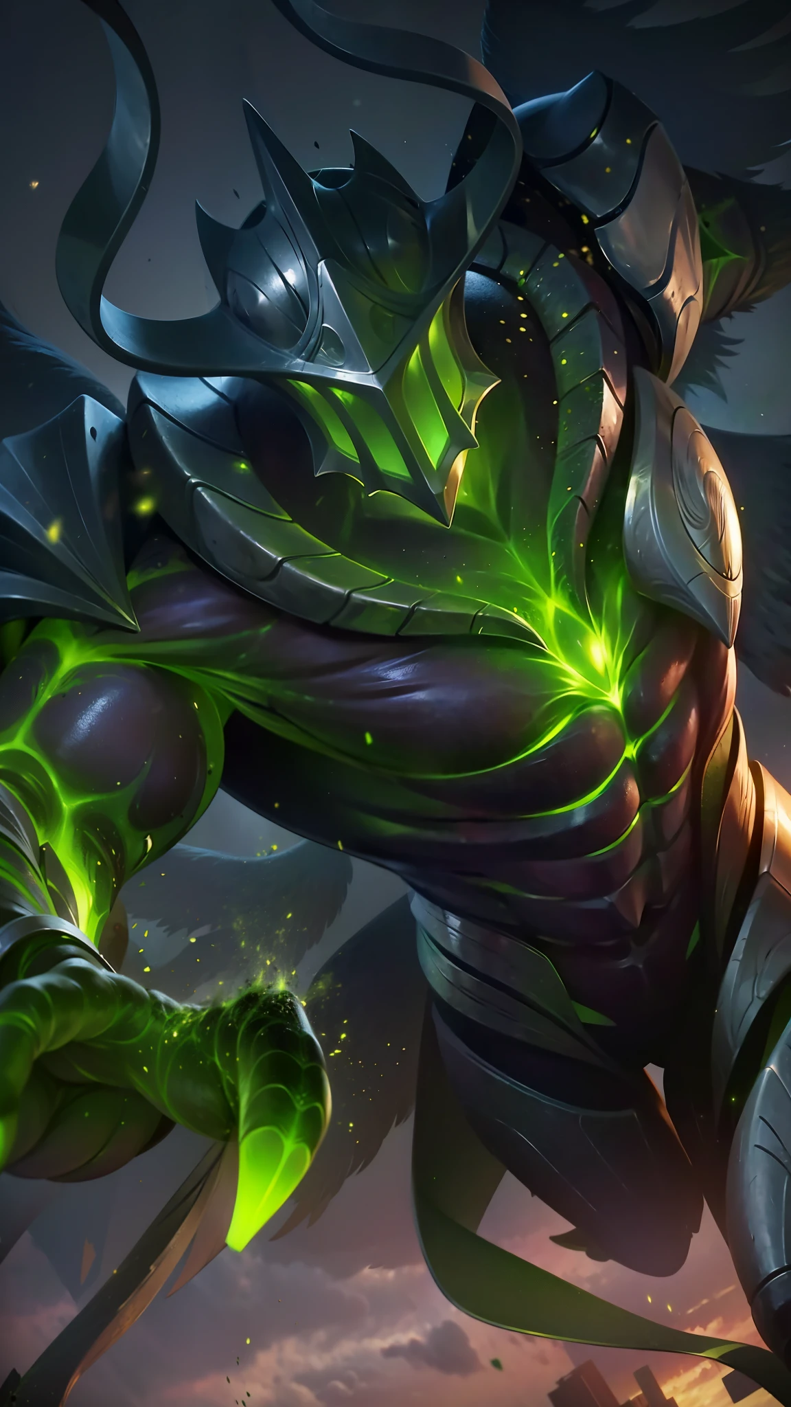 ((masterpiece,best quality)), absurdres, Argus_ML, helmet, green glow, solo, smiling, looking at viewer, cowboy shot, night sky in background, cinematic composition, dynamic pose,