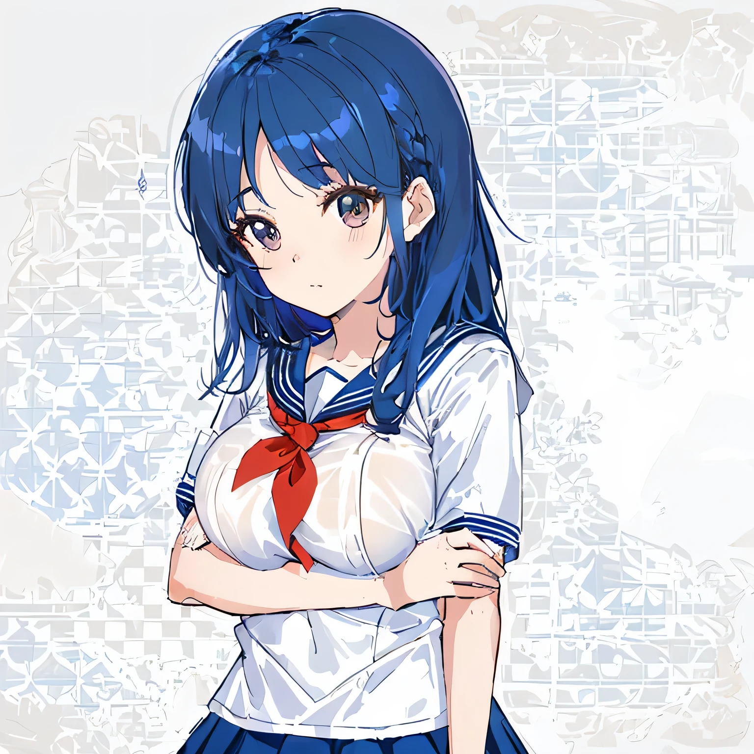 masterpiece, highest quality,figure,sailor suit,slanted eyes,straight hair,blue hair,side parted,super dense skin,beautiful and fine eyes,short sleeve shirt,brown eyes,(big breasts:1.2), (A raised and well-defined bust:1.2), (Lifted chest:1.2), (perky chest :1.2),high school girl,Highly detailed black panties,please sit down,crossed arms