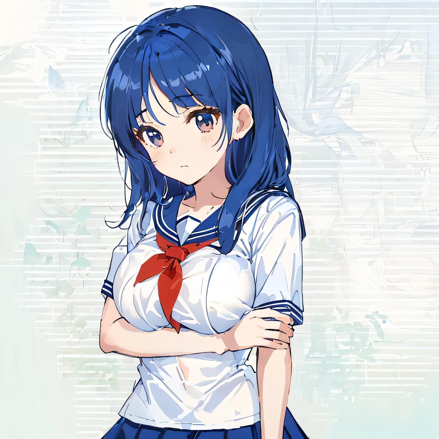 masterpiece, highest quality,figure,sailor suit,slanted eyes,straight hair,blue hair,side parted,super dense skin,beautiful and fine eyes,short sleeve shirt,brown eyes,(big breasts:1.2), (A raised and well-defined bust:1.2), (Lifted chest:1.2), (perky chest :1.2),high school girl,Highly detailed black panties,please sit down,crossed arms