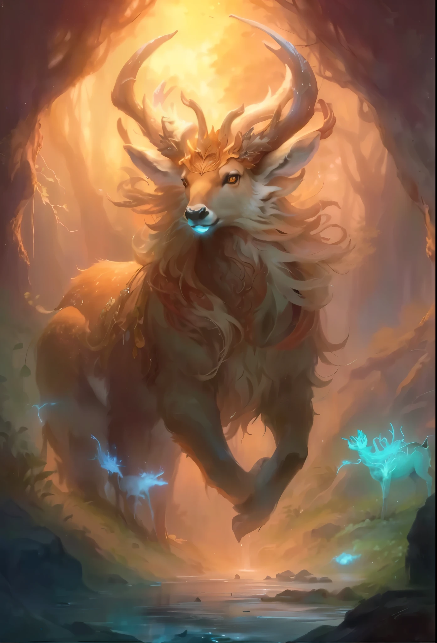 a picture of a deer, standing in the forest by a stream, mythical creature, an anthropomorphic deer, anthropomorphic deer, a mythical creature, anthropomorphic deer female, god of the forest, anthropomorphic deer female, mohrbacher, rob rey, forest spirit, MTG art, MTG art style, Keylet