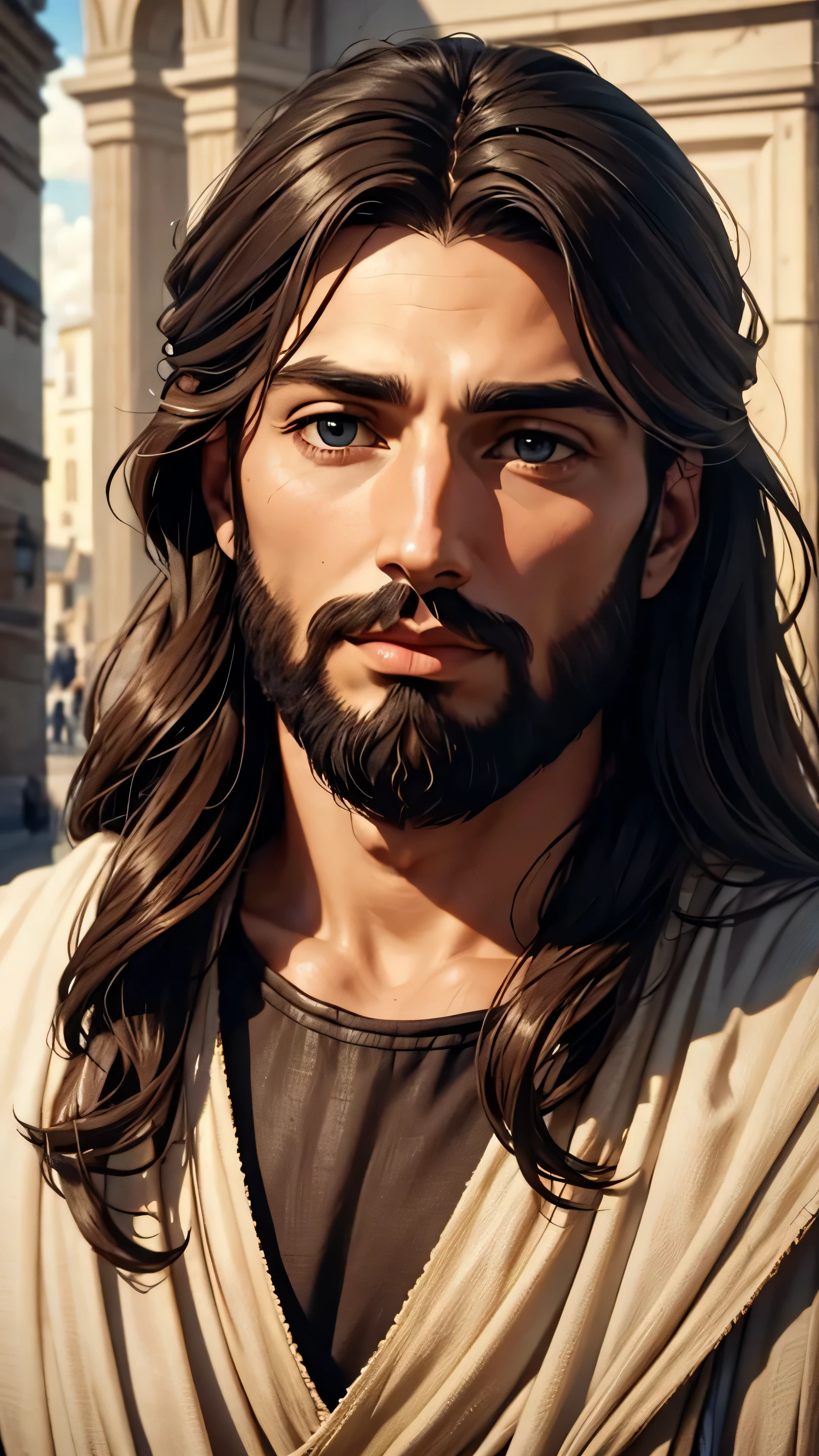 A close up Jesus saying something in the european town around 500 BCE 