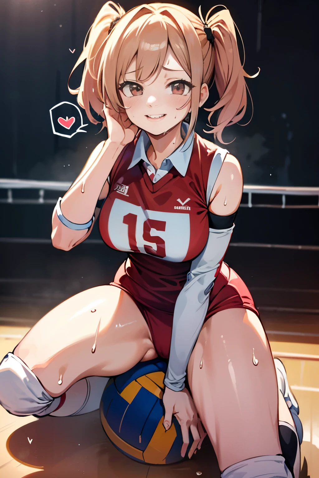 unity 8k wallpaper, anatomically correct, (((masterpiece))), (((best quality))), (((ultra detailed))), (((high-resolution))), ((Ultimate cutie)), perfect hands, perfect finger, (((good anatomy))), detailed beautiful face, shiny hair, (((gyaru))), (potbelly), (curvy), medium breasts, ((Thick thighs)), (((solo))), ((seductive smile)), (((blush))),
BREAK, (((sit astride the perfectly spherical shape 6-inch volleyball))), (((Straddling a perfectly spherical 6" volleyball))), (((Perfectly spherical 6" volleyball fits perfectly crotch))), BREAK, (((Rub the Perfectly spherical 6" volleyball against crotch))),
BREAK, (Collared volleyball uniforms), sleeveless, ((buruma)), ((kneepad)), pussy juice stained, (elbow pad), (((sweat))), (((covered in sweat))), ((deep breathing)), in Volleyball Court, indoor, lighting, looking at viewer, full body, (spoken heart)