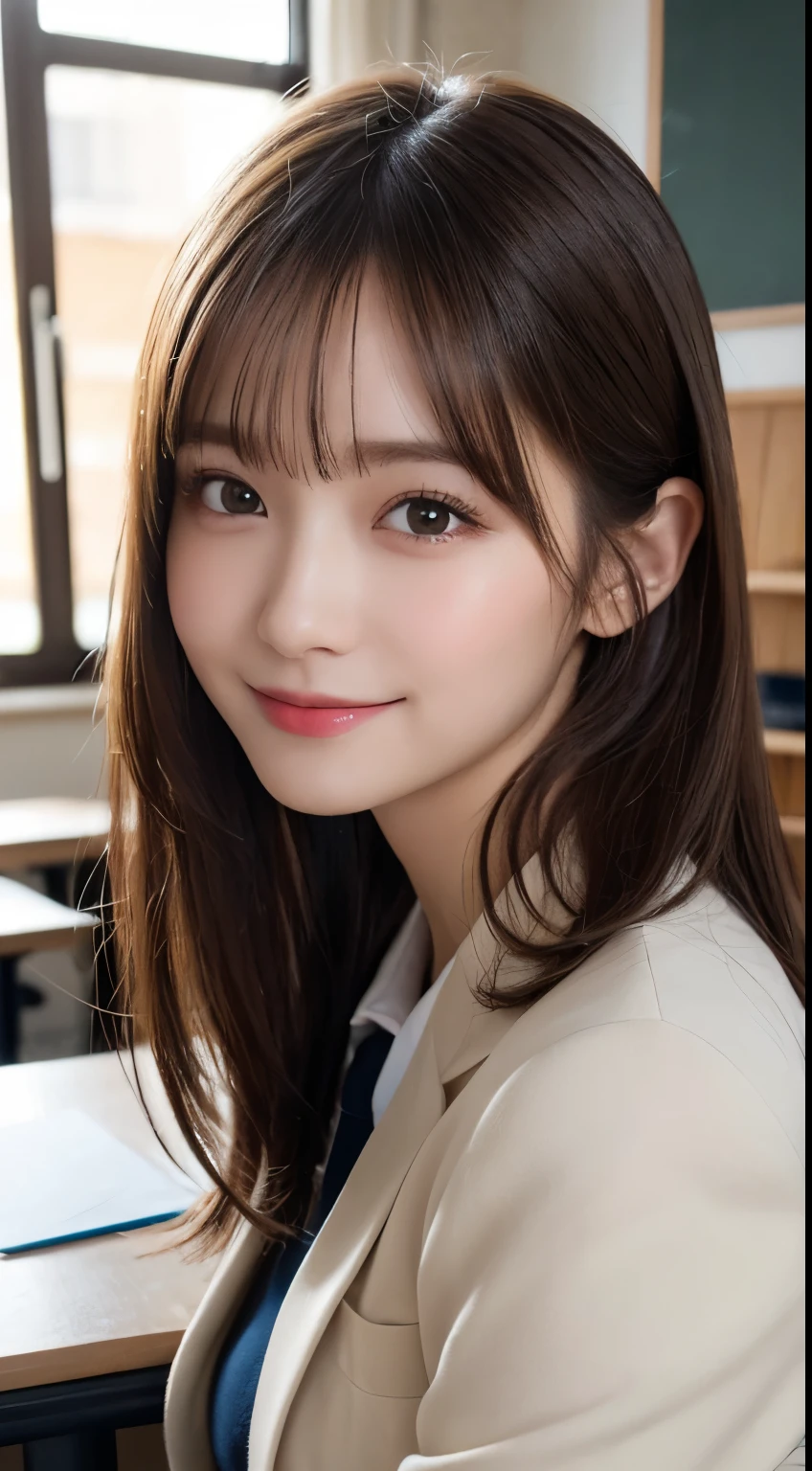 masutepiece, Best Quality, Illustration, Ultra-detailed, finely detail, hight resolution, 8K Wallpaper, Perfect dynamic composition, Beautiful detailed eyes, suits,Medium Hair, Natural Color Lip, Random and sexy poses,Smile,Classroom、20 years girl、lifelike face、real looking skin、Realistic eyes、cute little