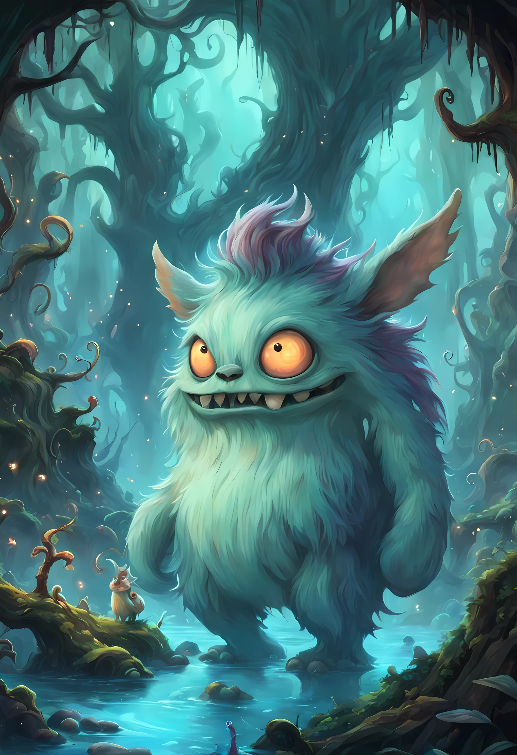 Furry beings in magical realms, enchanted forests, and floating islands. Radiant glows, mysterious mists, and vibrant palettes. Embrace the enchantment of Potma's artwork, portraying fluffy monsters in surreal and magical environments.,(potma style:1.05), detailed, ,