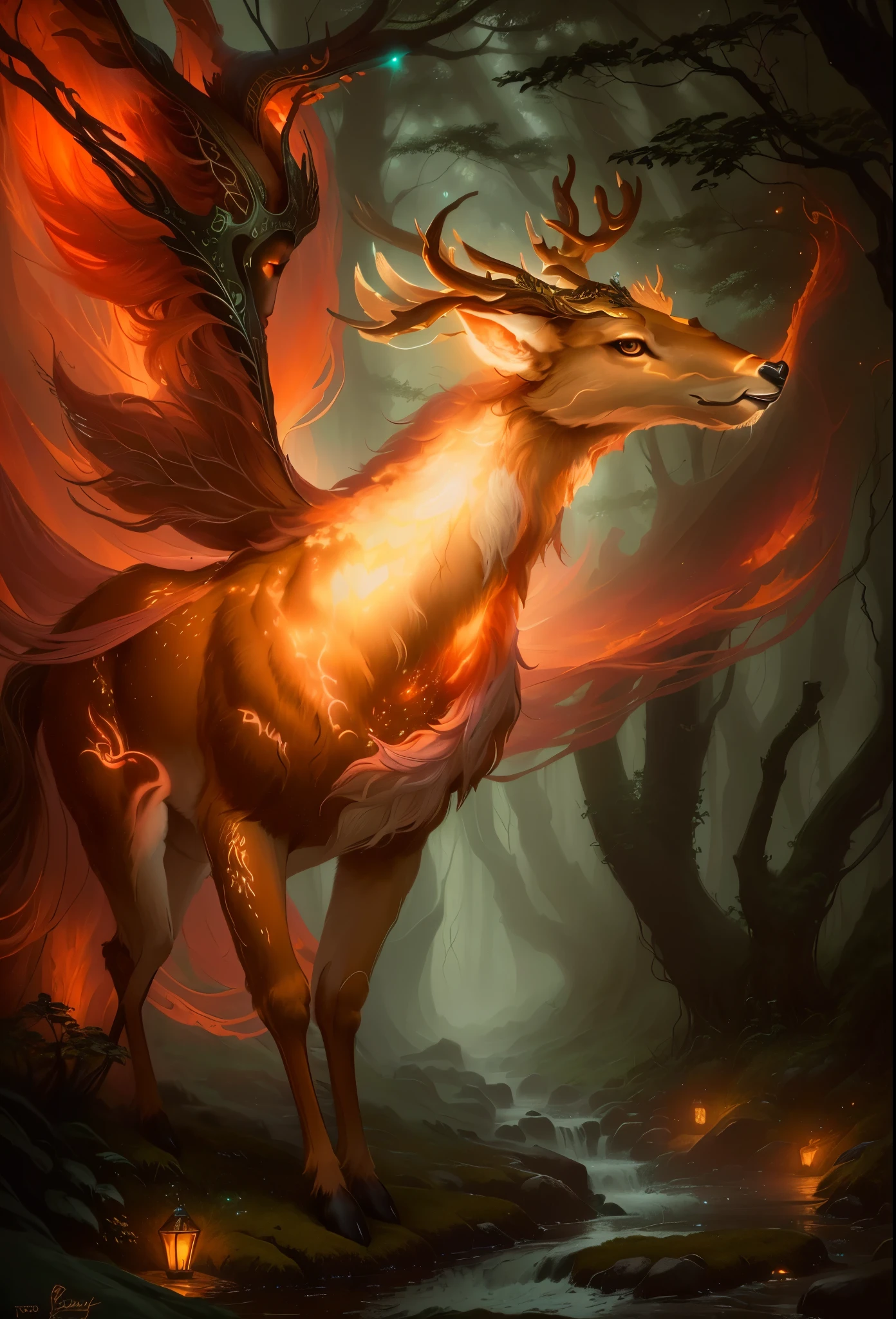 a picture of a deer, standing in the forest by a stream, mythical creature, an anthropomorphic deer, anthropomorphic deer, a mythical creature, anthropomorphic deer female, god of the forest, anthropomorphic deer female, mohrbacher, rob rey, forest spirit, MTG art, MTG art style, Keylet