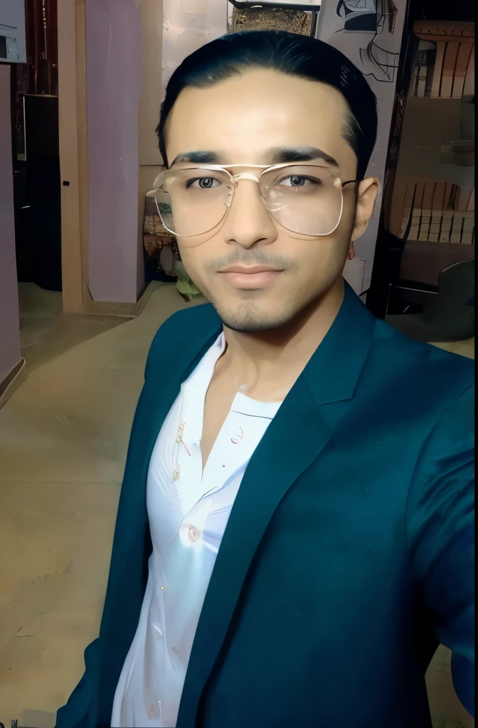 there is a man with glasses and a suit jacket posing for a picture, mohamed chahin style, mohamed chahin, with accurate face, handsome man, profile pic, kyza saleem, inspired by Saurabh Jethani, very very low quality picture, portait photo profile picture, profile image, around 1 , good looking face, ayan nag