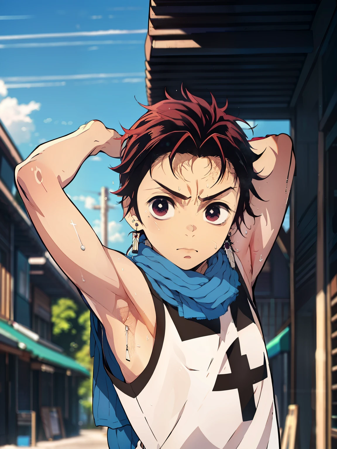 Highres, Masterpiece, Best quality at best,Best Quality,hight quality, hight detailed, 1boy, Tanjirou, Red hair, Earring, Shota, Sleeveless hoodie, Sweat, Slim body, (Showing armpit:1.3), Seen from front, (young boy), 14-year-old boys