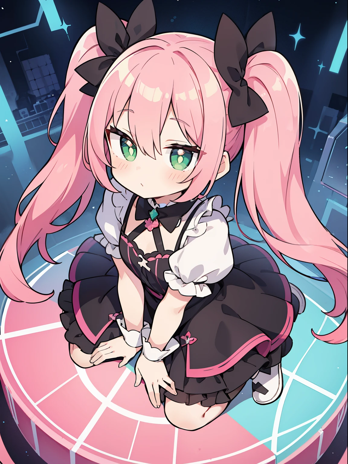 cute, pink hair, twin tails, fantasy wonderland, 1 girl, Green pupils,Stinking eyes, fine, whole body, looking at the viewer, dynamic angle, game CG