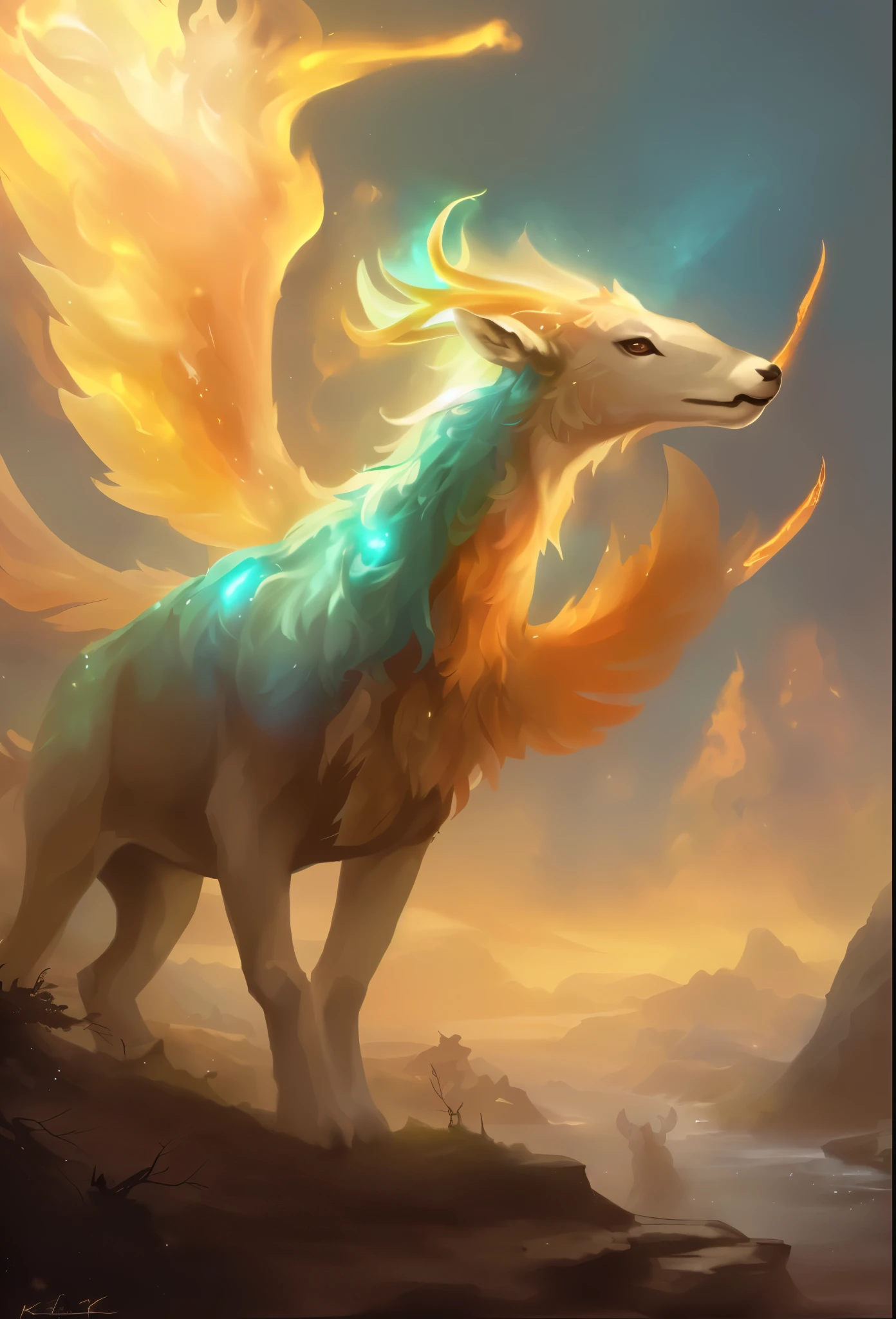 picture of a deer with a fiery tail and a bird on its back, mythical creature, fantastical creature, a mythical creature, mythical creatures, fire elemental, detailed digital 2D fantasy art, realistic fantasy painting, Keylet, fire spirit ghost, digital 2D fantasy art, High quality fantasy art, fantastical creature concept art, Fantasy digital painting, forest spirit