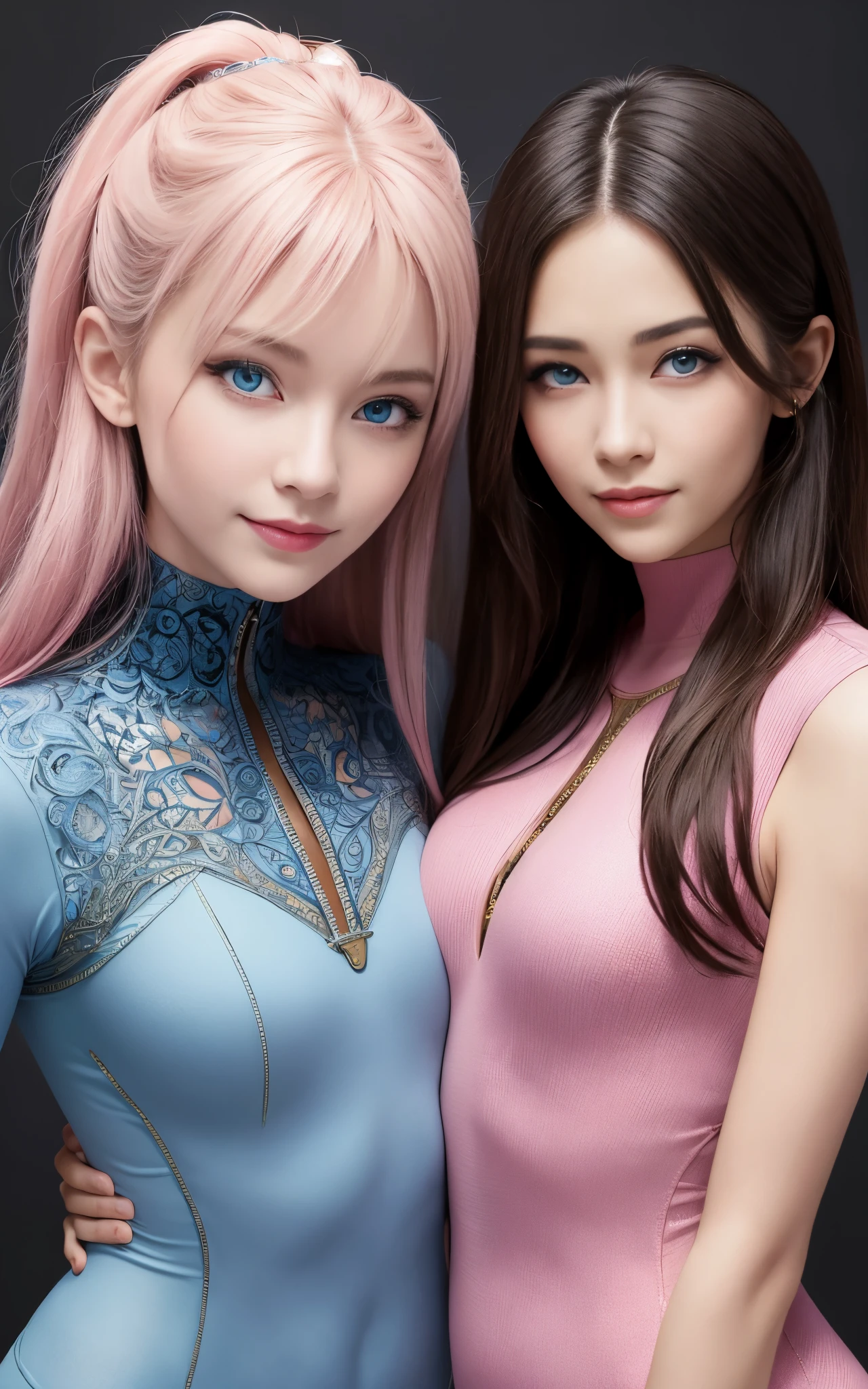 blue eyes, stunning proportions, 2 girls, smile, portrait, photorealistic, intricate details, a beauty girl, pink skin-tight bodysuit, highleg