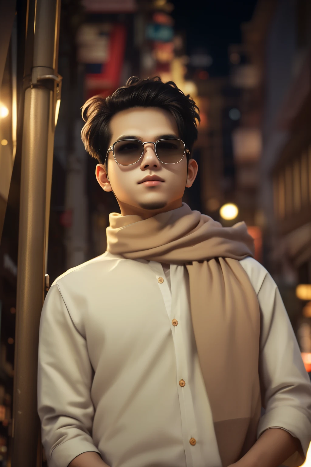 RAW photo, a portrait photo of 21 y.o man in casual clothes, night, city street, (high detailed skin:1.2), 8k uhd, dslr, soft lighting, high quality, film grain, Fujifilm XT3