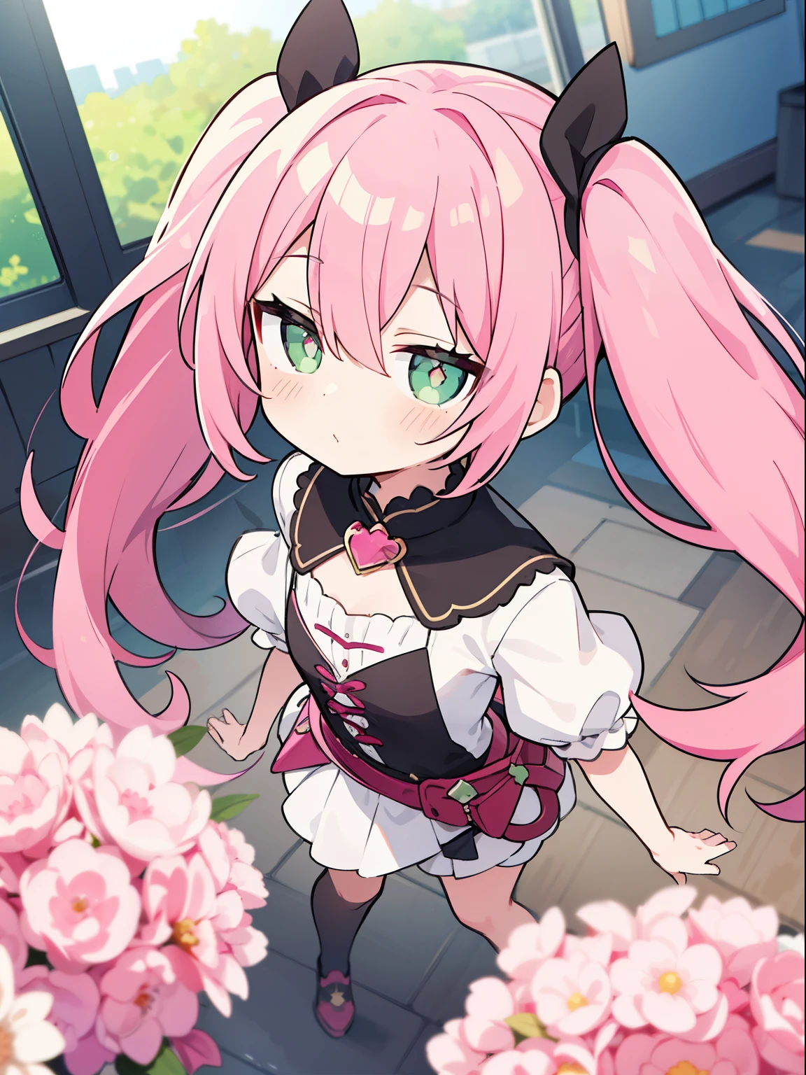 cute, pink hair, twin tails, fantasy wonderland, 1 girl, Green pupils,Stinking eyes, fine, whole body, looking at the viewer, dynamic angle, game CG