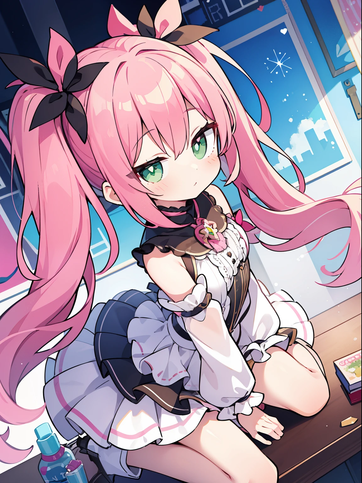 cute, pink hair, twin tails, fantasy wonderland, 1 girl, Green pupils,Stinking eyes, fine, whole body, looking at the viewer, dynamic angle, game CG