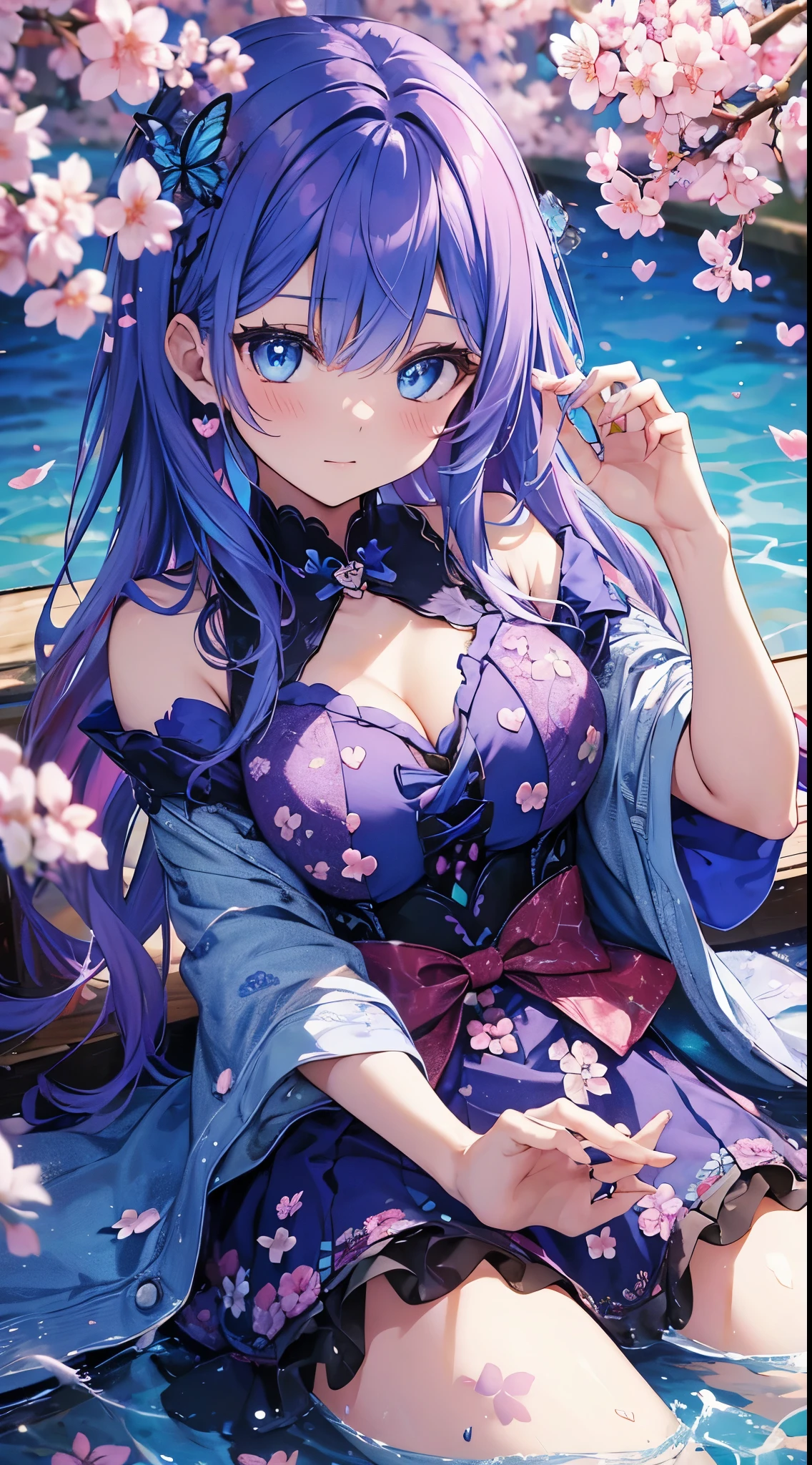 Hearts, cute women with blue and purple hair, blue eyes, multicolored butterflies, water, cherry blossoms 