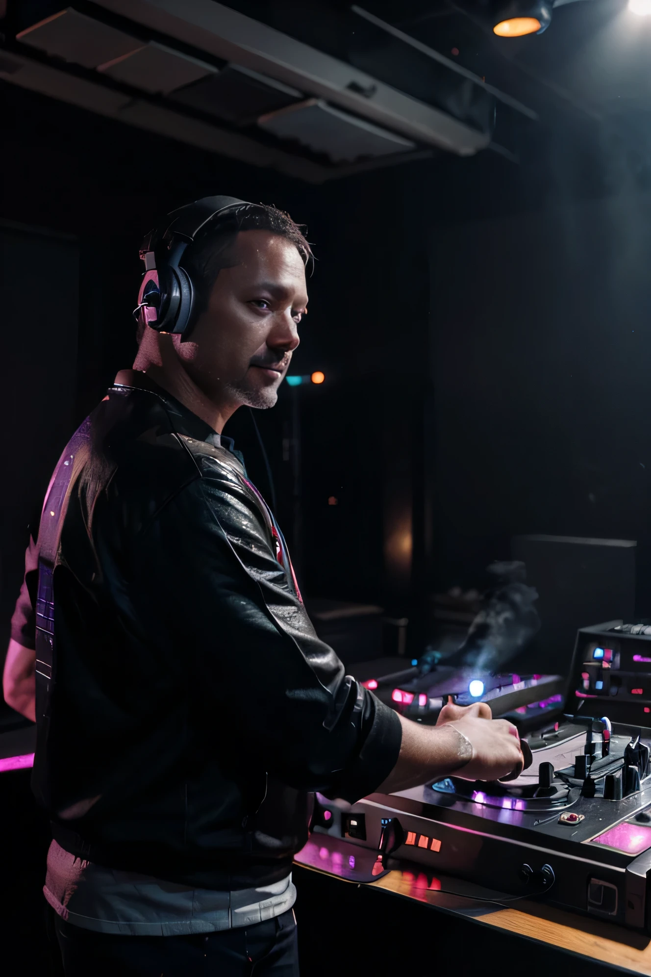 A male DJ (40 years old) wearing headphones stands with his hand raised in front of the DJ console, behind him is colored smoke and disco lights directed at him
