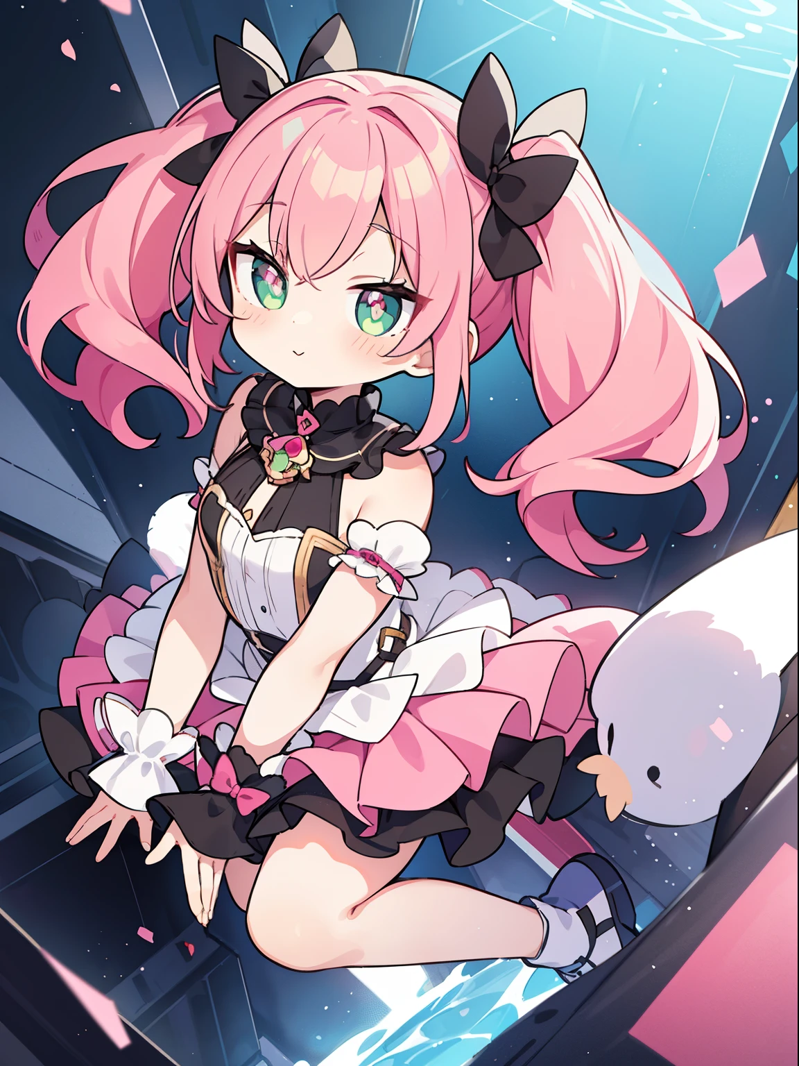 cute, pink hair, twin tails, fantasy wonderland, 1 girl, Green pupils,Stinking eyes, fine, whole body, looking at the viewer, dynamic angle, game CG