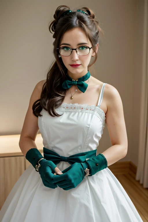 highres, sharp focus, pixiv masterpiece, ((intricate details)), highly detailed, yuri alpha, Eva Green, (green wristband, green gauntlets, spikes,:1.1) glasses, green eyes, maid, single hair bun, dress, choker, bowtie, maid apron,