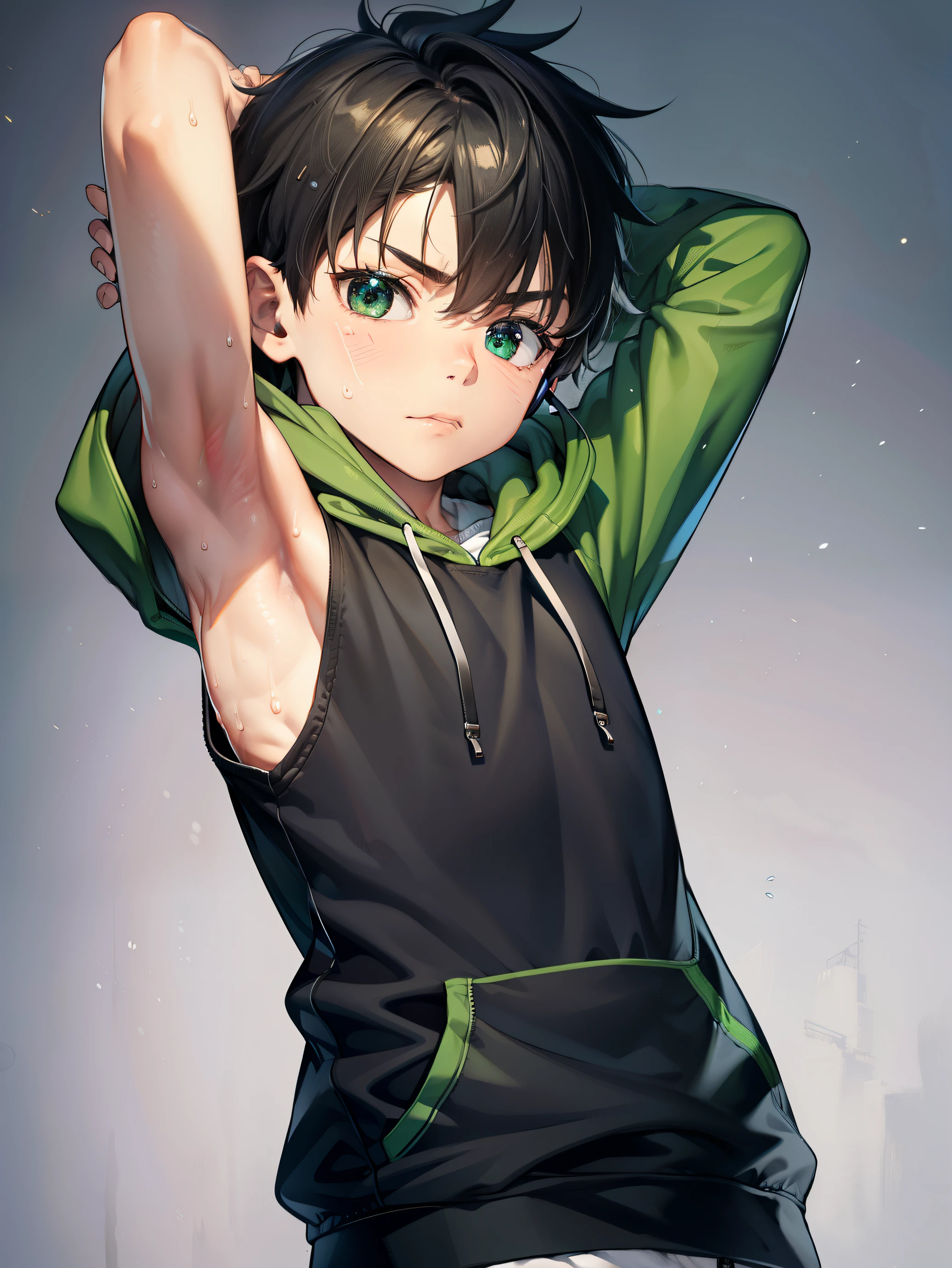 Highres, Masterpiece, Best quality at best,Best Quality,hight quality, hight detailed, 1boy, Shota, Black hoodie with green stripes, Wearing headset, The hoodie is sleeveless and has an open zipper, (very small and short stature), (very young boy), (very small and short body), -yeld bo (Showing armpit:1.3), hansome, Sweat