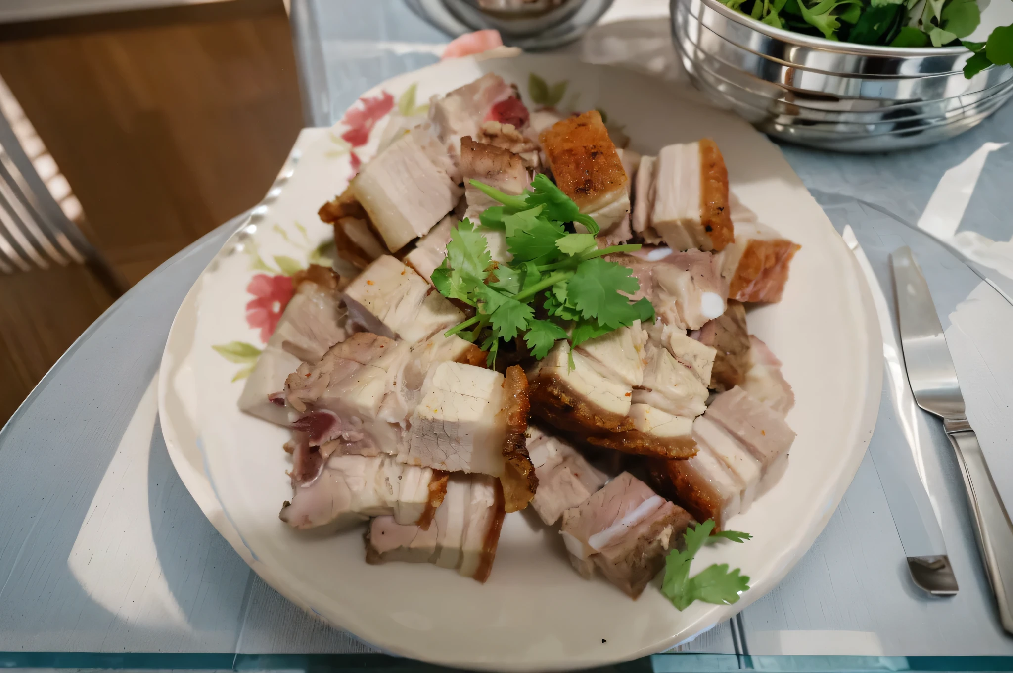 A plate of pork on a beautiful space ship table