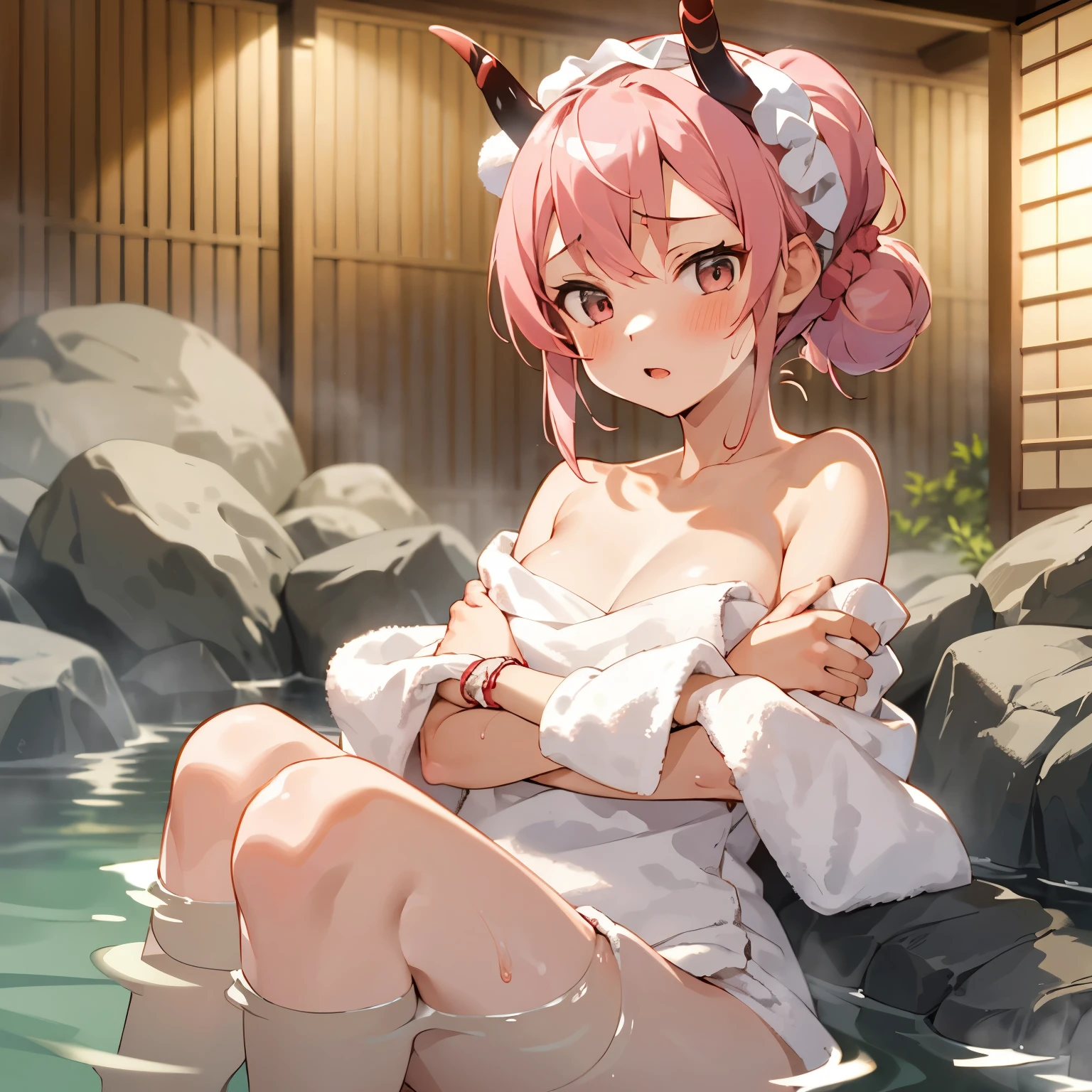 (masterpiece, best quality), 1 girl, hot spring, towel, sakura, onsen, blush, pink hair, horns, solo, off shoulder, wrist scrunchie, perfect anatomy