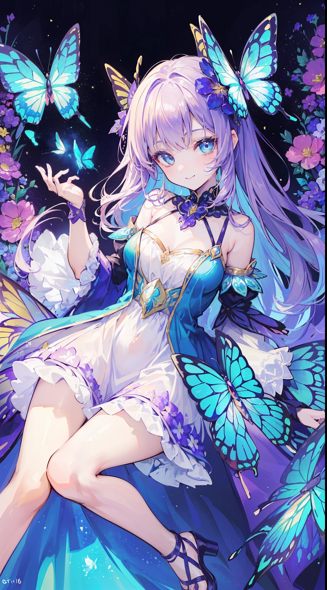 (((32k))), (16k), (8k), (4k), (((32k fantasy background))), (((Pretty girl))), (((cute girl))), (beautiful quality eyes), ((cute smile)), (((dress))), (((fantasy))), (32k), (beautiful cute girl), (butterfly ornament), (butterfly dress), ((many butterflies)), (((background of many flowers
))), (((bright background))), (beautiful world), (cute world), smile, 