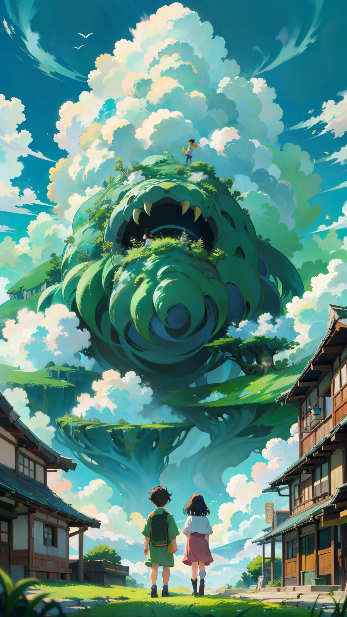(best quality, 4k, 8k, highres, masterpiece:1.2), ultra-detailed, (anime: 1.2), anime scene of a man and a woman standing in front of a giant cloud monster, miyazaki's animated film, miyazaki film, studio ghibli and dan mumford, miyazaki movie, studio ghibli & james gurney, ghibli spirited away vibe, ghibli animated film, by miyazaki, studio ghibli anime, ghibli film, tales of earthsea