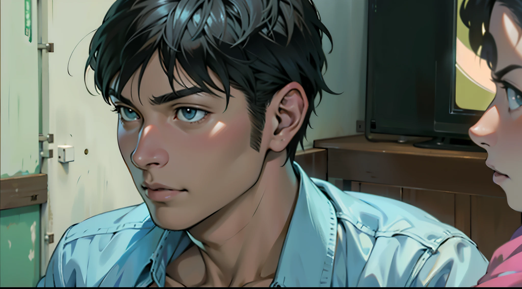 hay un hombre con cabello morado y un tenedor en la mano, realistic art style, realistic anime art style, realismo animado style, estilo anime semi-realista, estilo de arte anime realista, obra de arte al estilo de guweiz, hecho con estudio de pintor anime, en un estilo anime, realism artistic style, pintado en estudio de pintor anime, realismo animado, estilo anime 2d