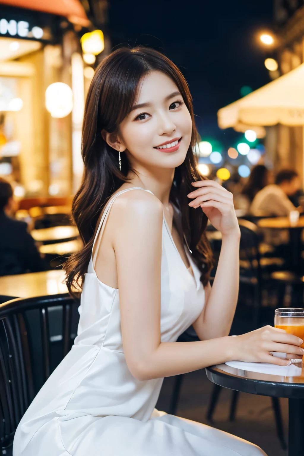 ((table top:1.4, highest quality)), (realistic pictures:1.4), 
((1 girl)), 
(超High resolution:1.2), very delicate and beautiful, wonderful, 
Highly detailed CG Unity 8K wallpaper, Super detailed, High resolution, soft light, 
beautiful detailed girl, highly detailed eyes and face, beautifully detailed nose, beautiful and detailed eyes, 
(gorgeous long dress:1.4),
cinematic lighting, perfect anatomy, slender body, thin chest,
(Take a seat in front of a fashionable cafe in Paris and relax:1.3), (city light at night:1.4), (outdoor:1.3), 
cowboy shot, looking at the viewer, smile
