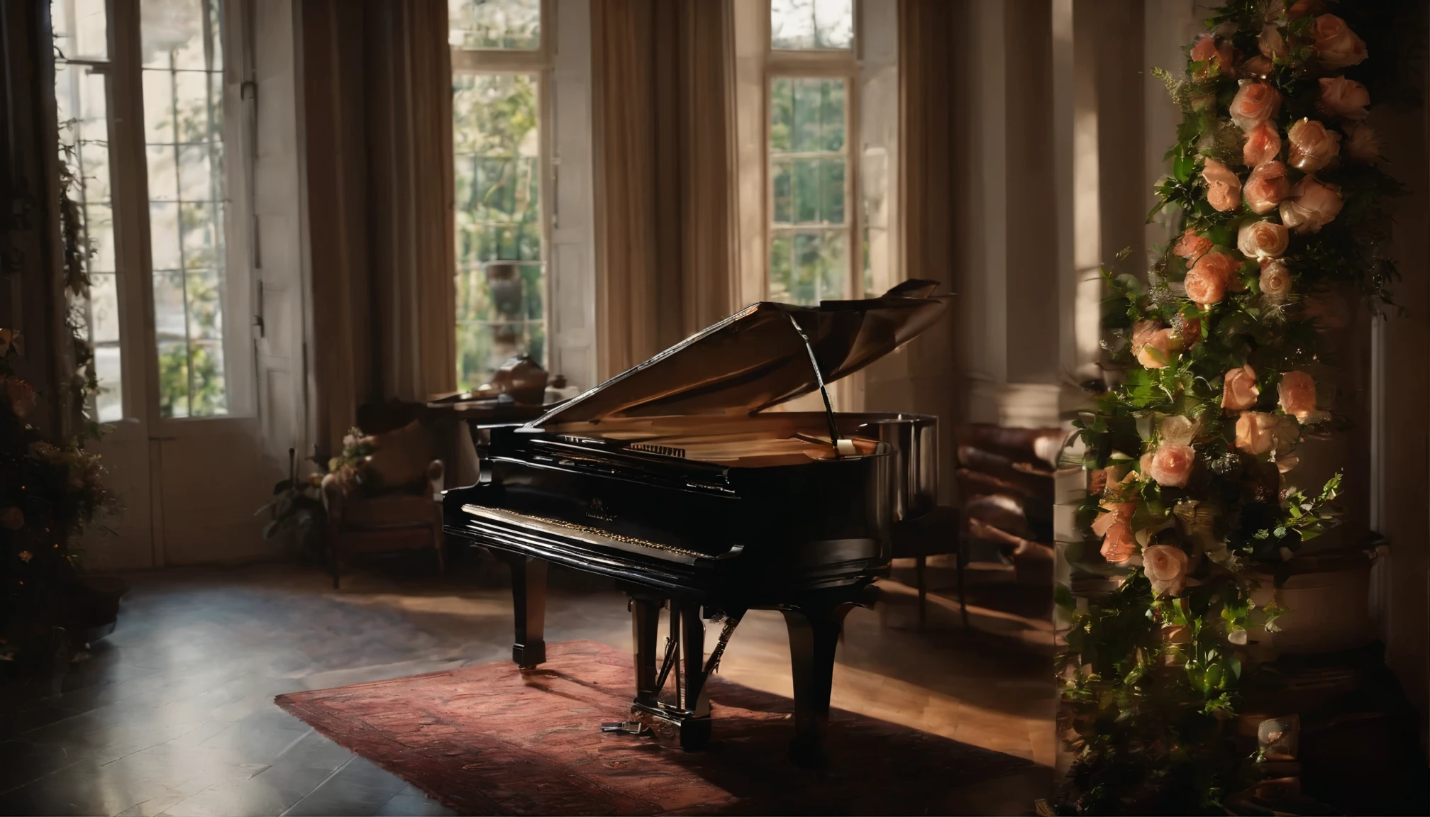 Il me faudrais un salon avec une ambiance très bois. Des étagères avec des fleurs , et des bambou. Des lumières tamisé rose et bleu , un grand piano et des décorations en bois