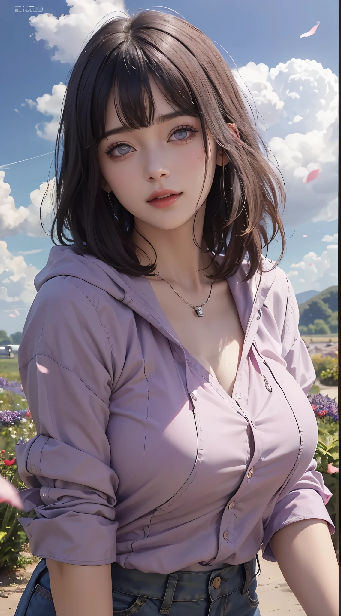 Best Quality, Masterpiece, Ultra High Resolution, (Realistic: 1.4), Original Photo, Side Light, Fine Beautiful Eyes: 1.2, Masterpiece* Portrait, Realism, 1 Girl, Ultra Detailed , perfeck ,Hinata Hyuga ,photo realistic,anime realistic,realisticstayl, in Boruto anime, short hair,, smile, beautiful, sexy body, sexy clothes, wearing red glasses, very big breasts, realistic clothes, detailed clothes, outdoor background, very detailed, character realistic, beautiful blushing face, beautiful teenager, cute face, perfect, glowing skin,