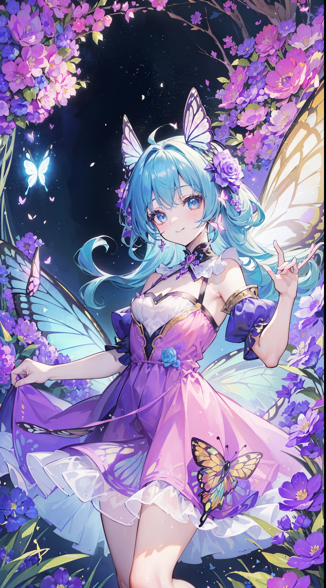 (((32k))), (16k), (8k), (4k), (((32k fantasy background))), (((Pretty girl))), (((cute girl))), (beautiful quality eyes), ((cute smile)), (((dress))), (((fantasy))), (32k), (beautiful cute girl), (butterfly ornament), (butterfly dress), ((many butterflies)), (((background of many flowers
))), (((bright background))), (beautiful world), (cute world), smile,