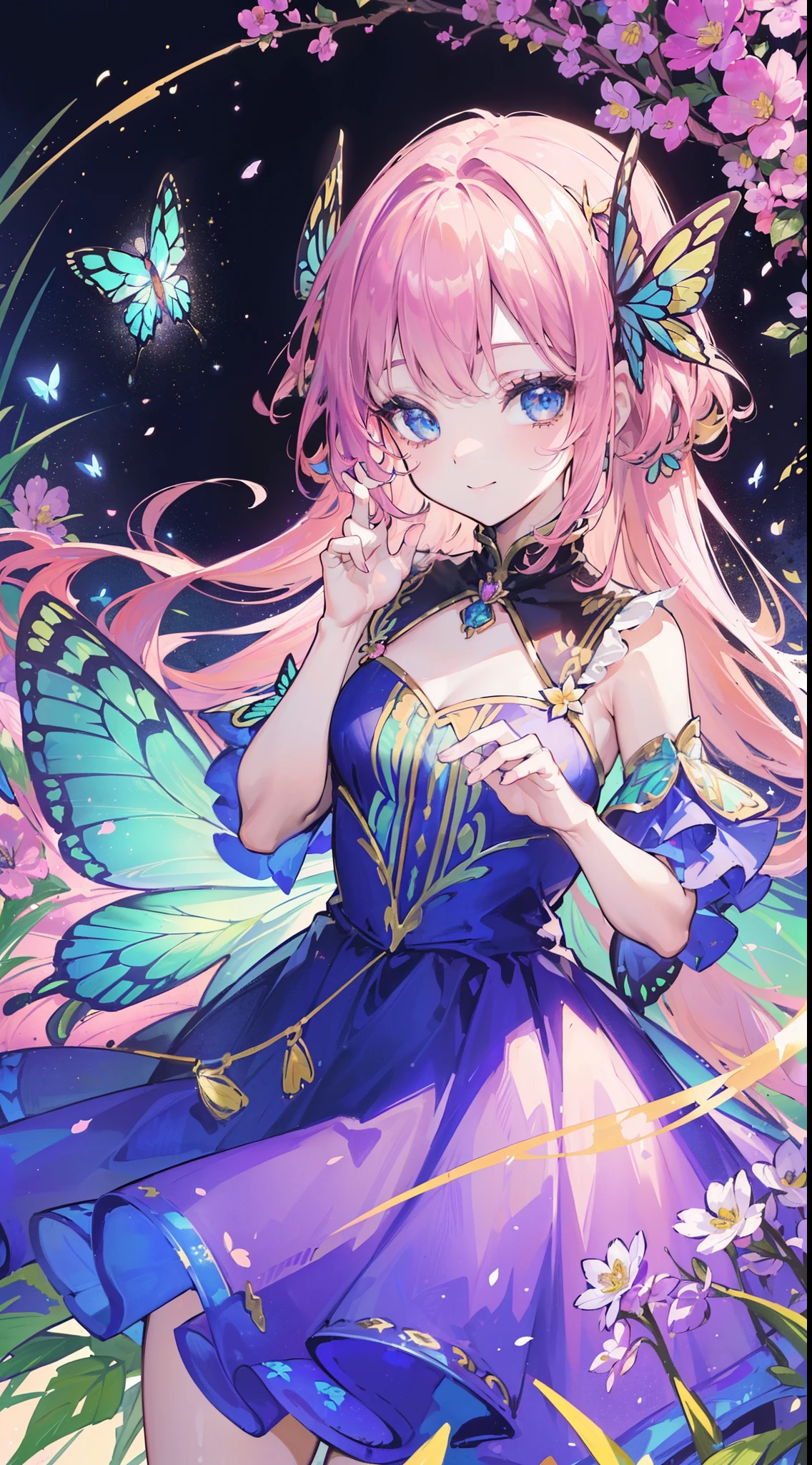 (((32k))), (16k), (8k), (4k), (((32k fantasy background))), (((Pretty girl))), (((cute girl))), (beautiful quality eyes), ((cute smile)), (((dress))), (((fantasy))), (32k), (beautiful cute girl), (butterfly ornament), (butterfly dress), ((many butterflies)), (((background of many flowers
))), (((bright background))), (beautiful world), (cute world), smile, 
