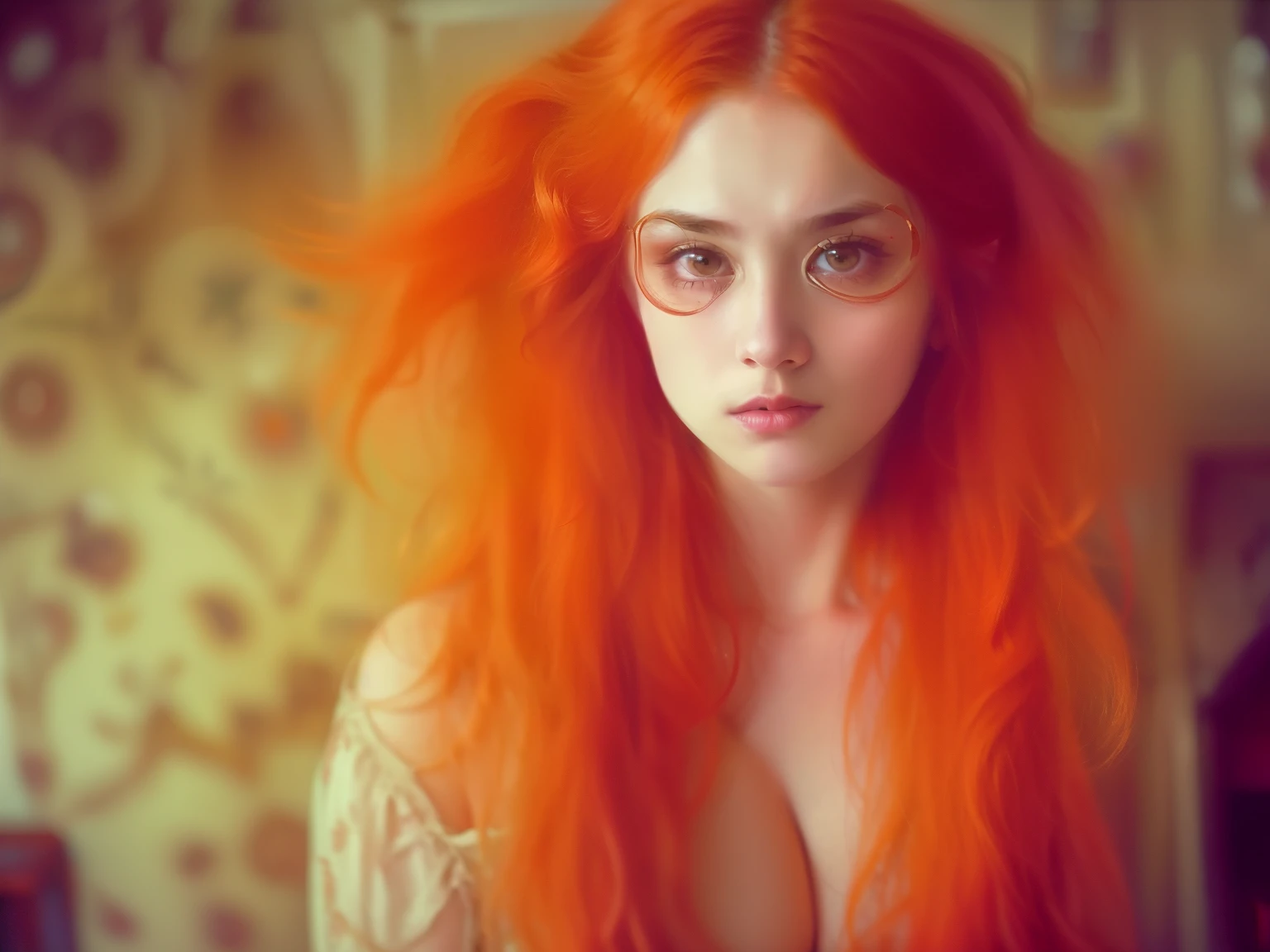 a beautiful girl in an intricately detailed room in mdj style, beautiful detailed orange hair, anamorphic lenses distorting the background, summer of 1987, moody dystopian and thought-provoking, cinematic, expression suggesting a sense of unease, "Life is not what it used to be", best quality, fine details, intricate, extremely detailed, sharp focus, 4 K