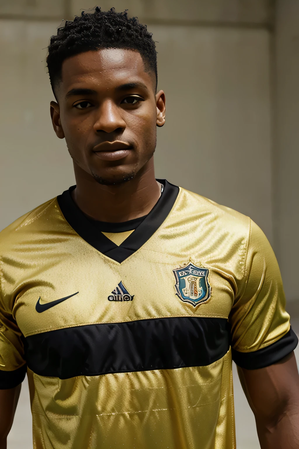 Camiseta de time de futebol com cor predominante dourado e detalhes em preto