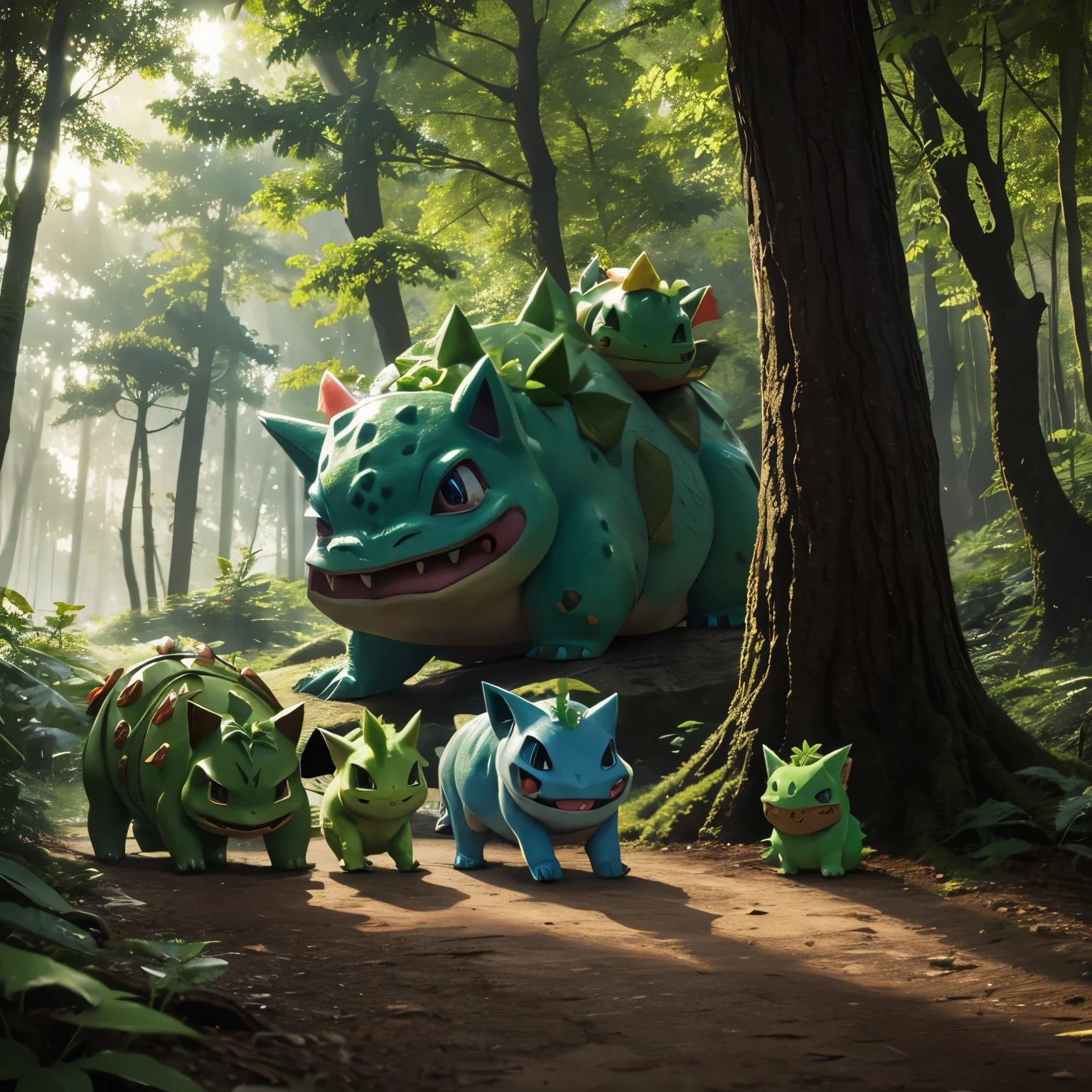 Bulbasaur, ivysaur and venusaur in forest environment