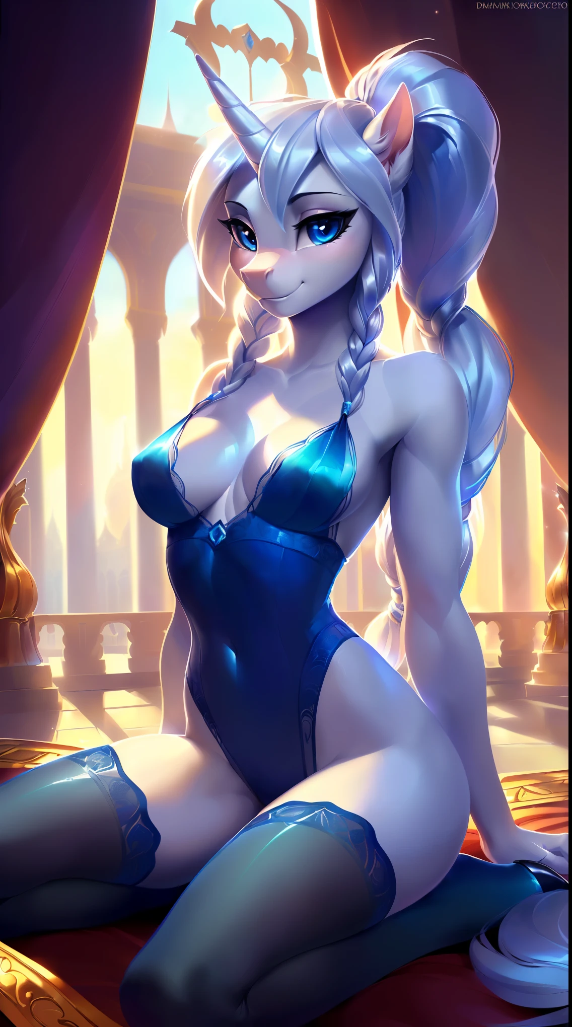 uploaded on e621, by Danomil, solo anthro, Elsa "Frozen", ((Portrait)), ((Wear blue lace mini dress), silk, (silk lingerie with fur), white fur, (stylish stockings, silk stockings, tranclusent), (detailed Bonifasko lighting), (Detailed fur), (detailed skin), (Cinematic lighting), ((Detailed background, royal palace, royal bedroom)), (South kingdom), (half body shadow), [ambient light on the belly], [explict content], [sharp-focus], (shaded), ((Masterpiece), blue eyes, (long white braid), Fluffy pony, MLP, My Little Pony, (fluffy fur), fluffy tights, fluffy chest, furry fantasy art, anthro art, commission for high res, Furry art, pov furry art, Sakimichan is beautiful, Masterpiece, Best Quality, Detailed image, Bright colors, Detailed Face, perfect lighting, Perfect shadows, Perfect eyes, focus on girl, flawless face, gorgeous body, Hourglass body, (hooves in ankleboots), Fluffy, fluffy girl, Body fur, Animal nose, pony muzzle, Playful look, half closed eyes, 1girl, full body, Detailed fur, Balanced coloring, ((Long mane, pony tail)), Furry, anthro, (attractive body), looking at viewer, seductive gaze, seductive posing, perfect legs