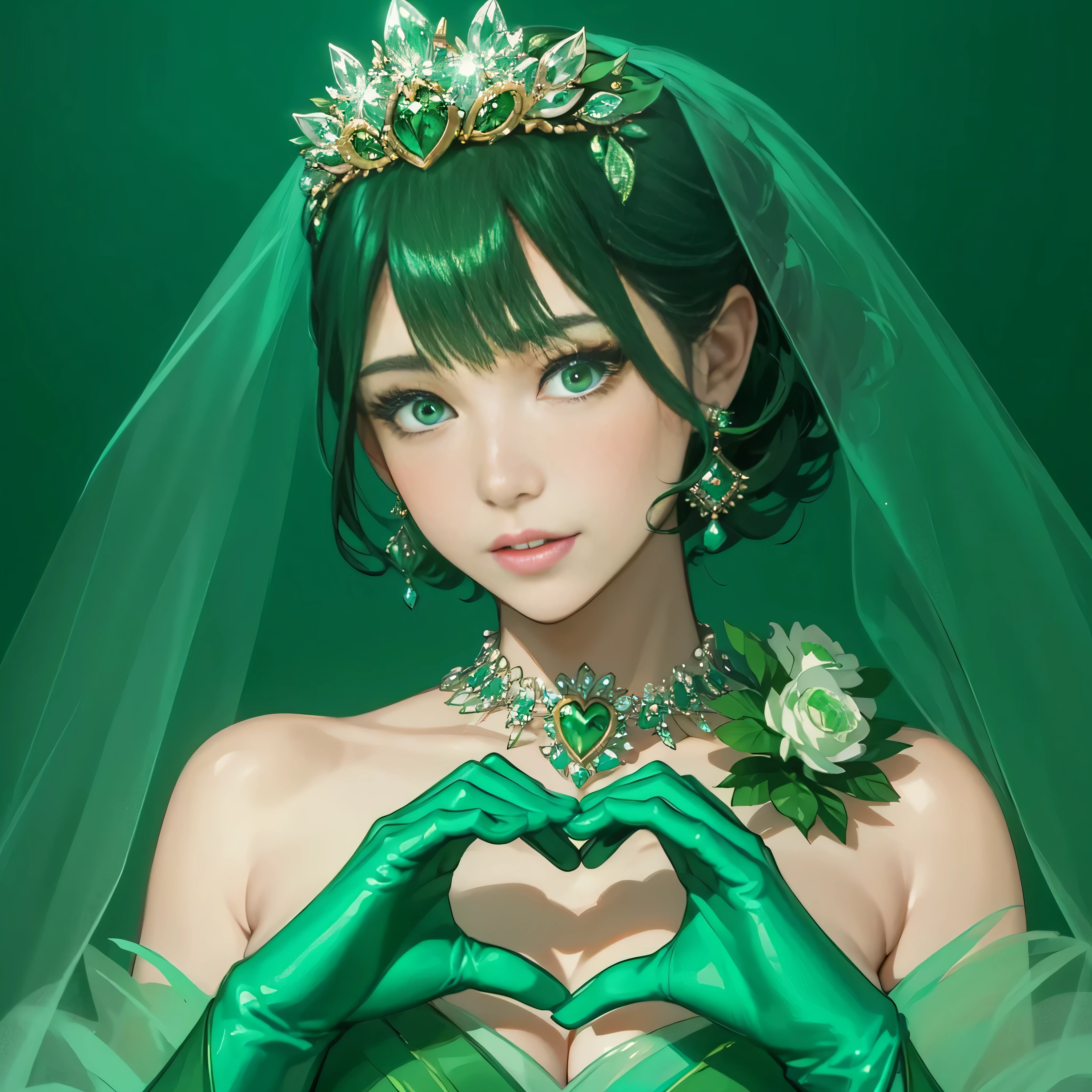 emerald tiara, green pearl necklace, Boyish green berry short hair, lipstick, Smiling Japan woman, very short hair, big breasts beautiful, green eyes, Green long gloves made of satin material, green eyes, V sign, emerald earrings, 30 generation women
