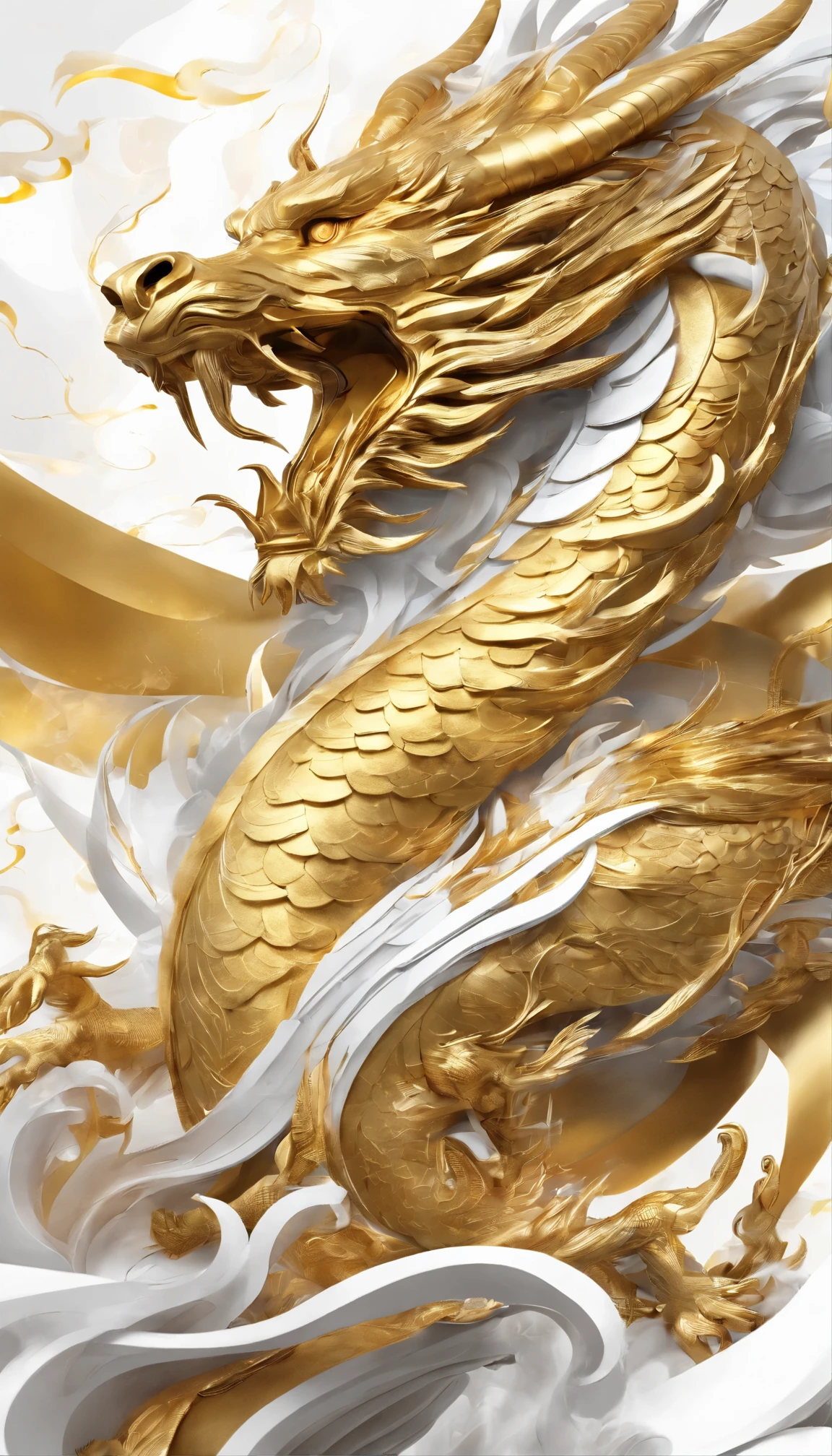 A flag、Masterpiece、(White background:1)、Golden Chinese dragon surrounded by white clouds、gods々halo、wind、gods、long wavy body、fangs、upper part of body、fantasy、myth、high quality、Very detailed、Masterpiece、epic、particle effects、dynamic effect