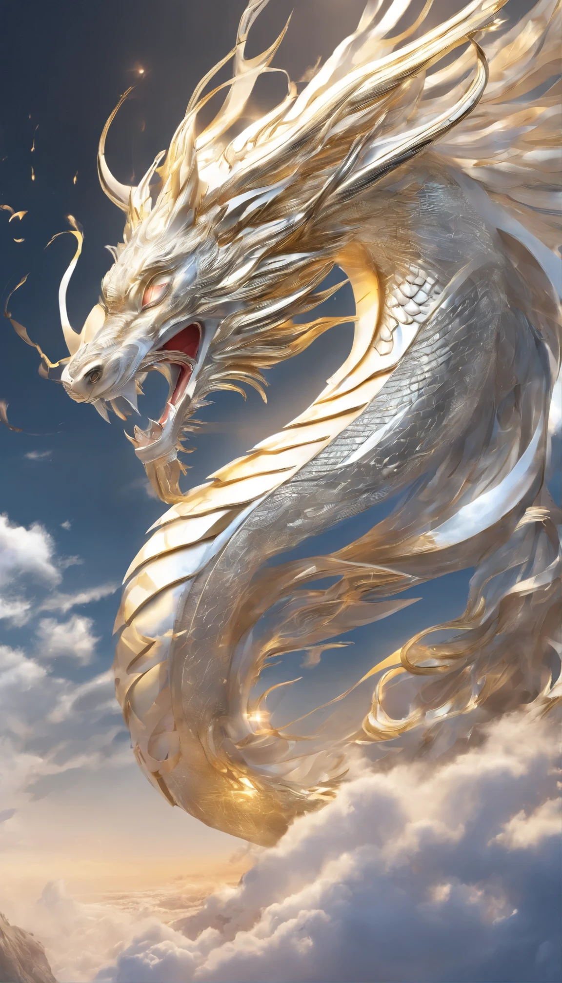 A flag、​Masterpiece、(White background:1)、Golden Chinese dragon surrounded by white clouds、gods々halo、wind、gods、long wavy body、fangs、upper part of body、fantasy、myth、high quality、Very detailed、​Masterpiece、epic、particle effects、dynamic effect