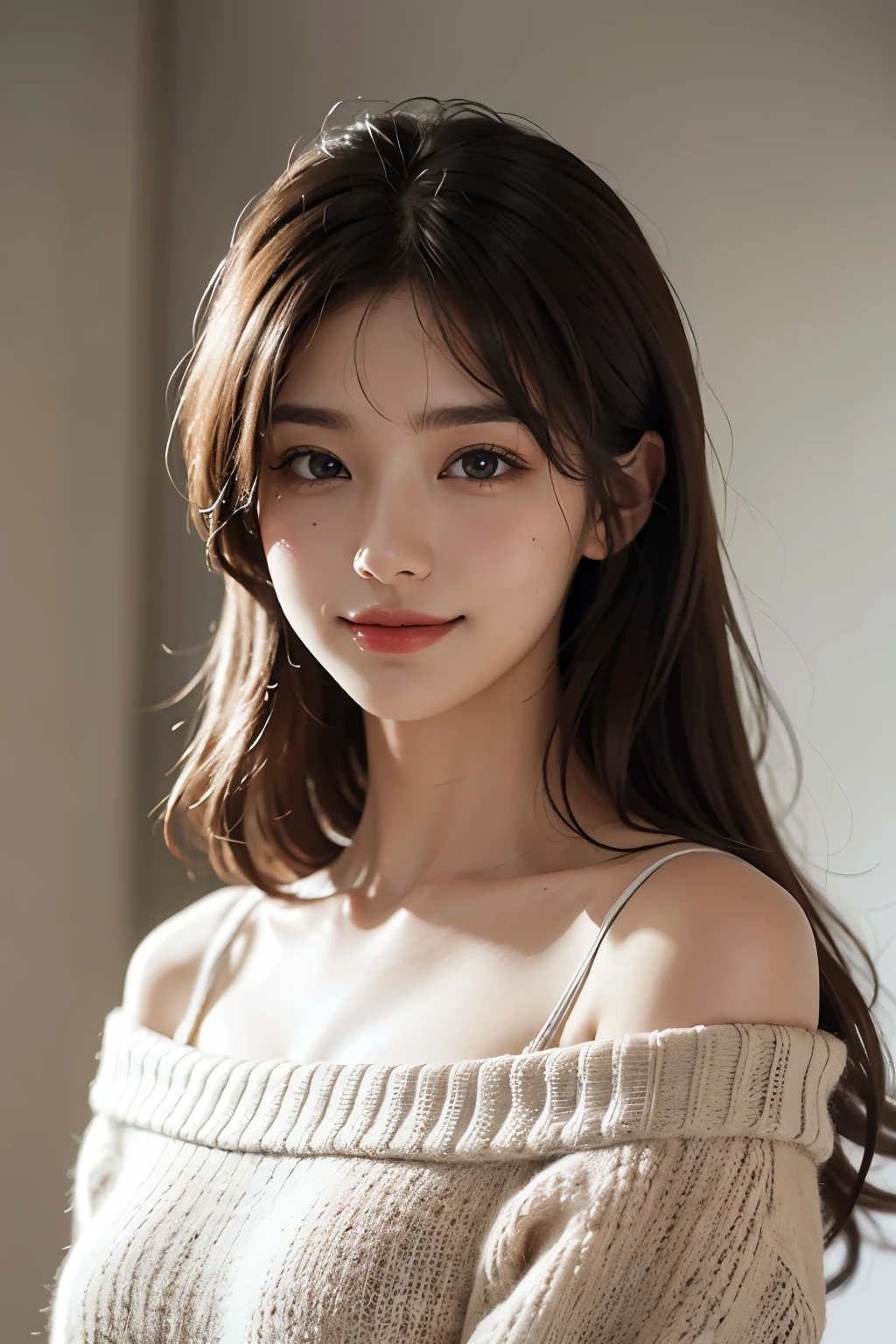 highest quality, masterpiece, ultra high resolution, realistic, 1 girl, off shoulder, smile, extra large size_sweater, soft lighting, fine skin,brown hair